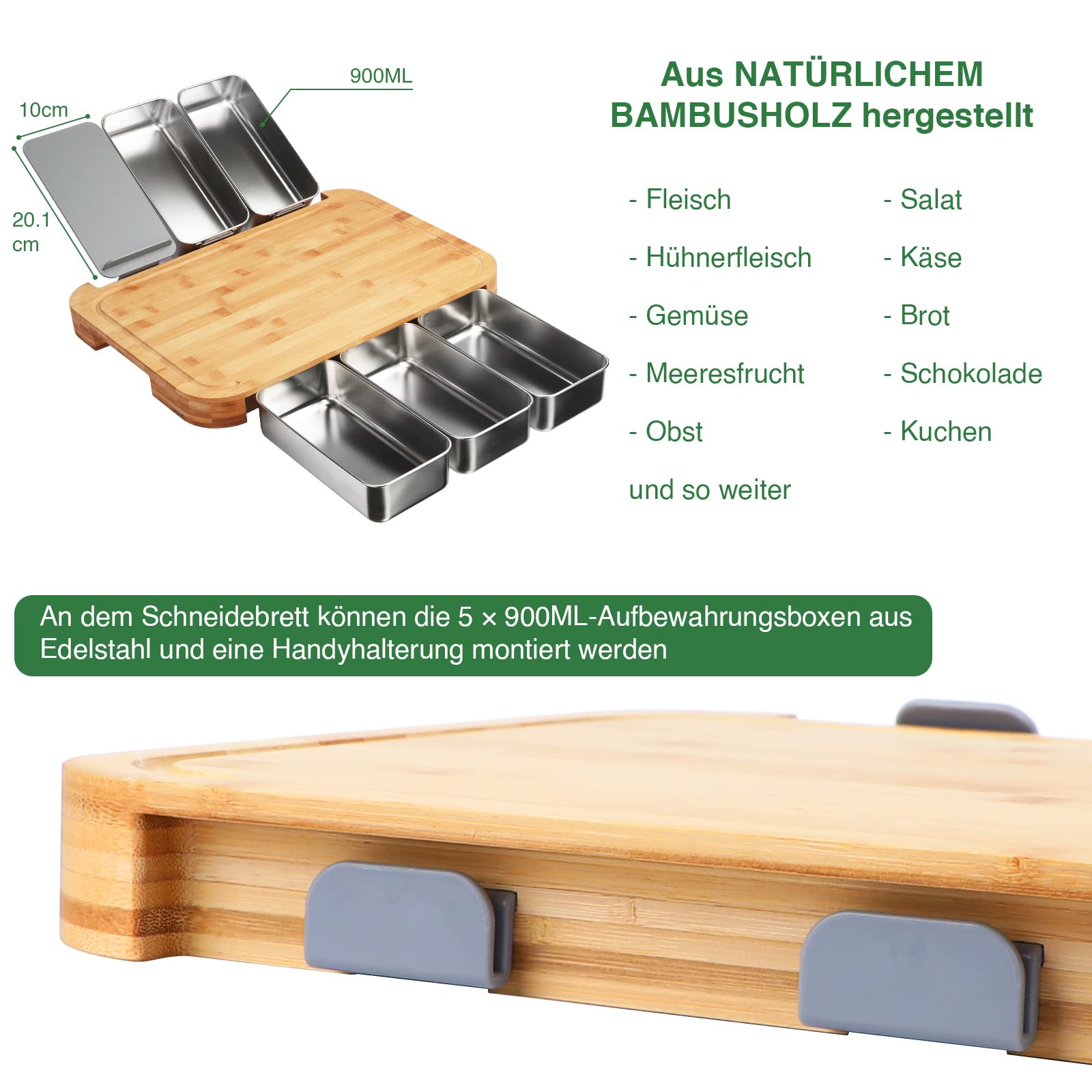 WELTRXE Schneidebrett Holz mit 5 Edelstahlbehälter, 42 x 31 x 3,7 cm Bambus Schneidebrett Set XXL Groß mit 1 Handyhalterung,Küchenutensilien Küchenhelfer Schneidebretter