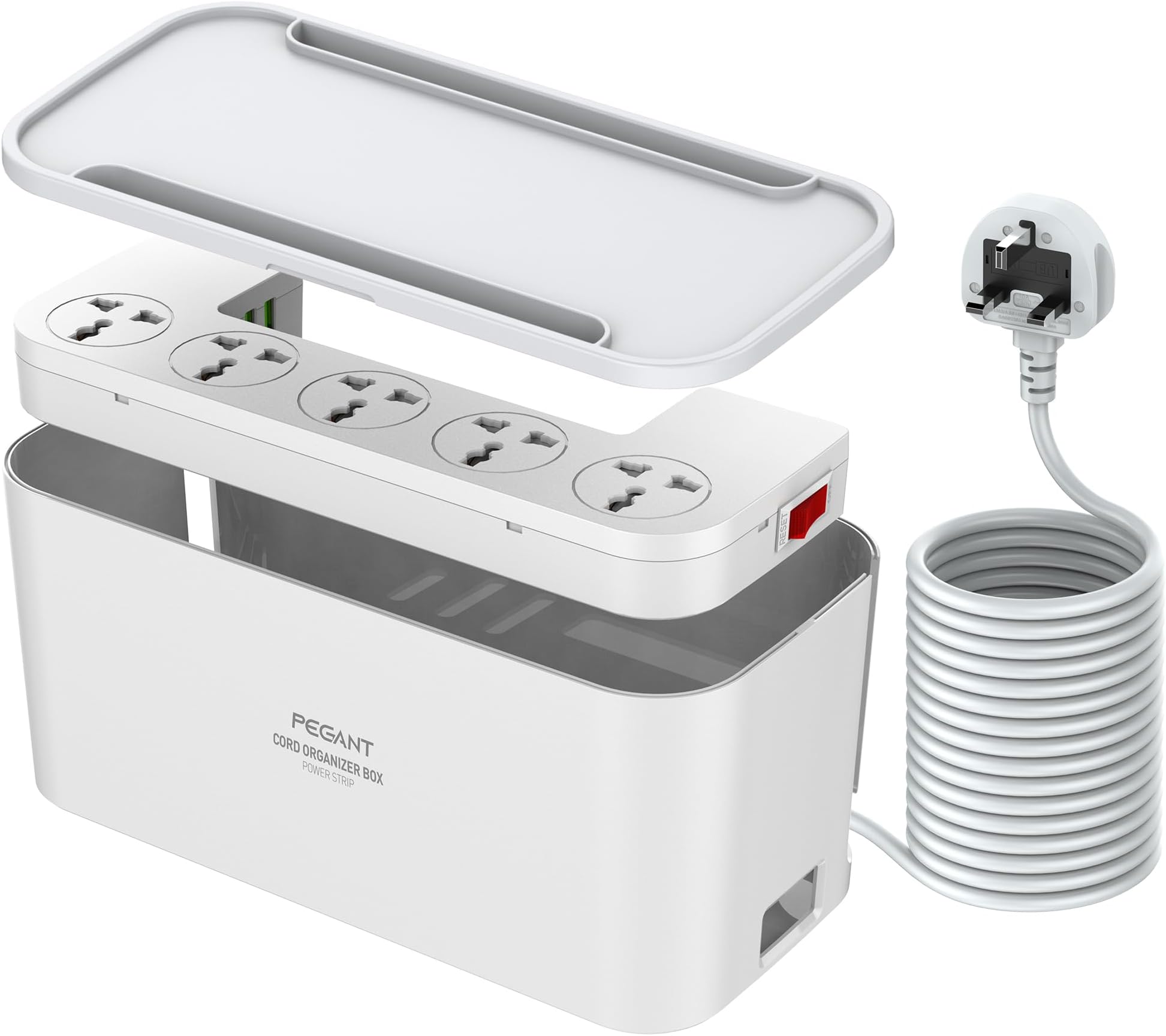 – 3-in-1 Power Extension Cord and Cable Management Box, 5 Universal Outlets 3 USB 2M Cable Power Strip, Elegant Organizer Box for Child & Pet Protection and Stylish Desktop