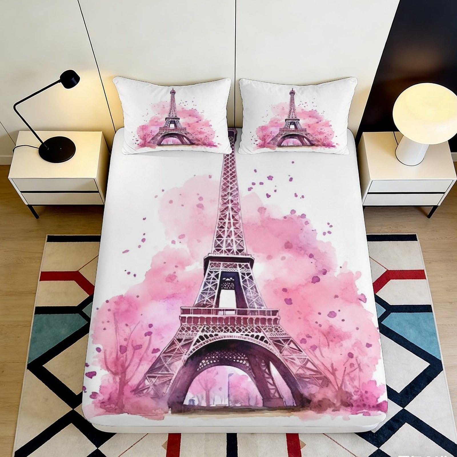 3D Printed Eiffel Tower Pink Fitted Sheet Microfiber Bedroom Decor Artistic Bed Cover for Adult Teen Guest Room 90x200x25cm
