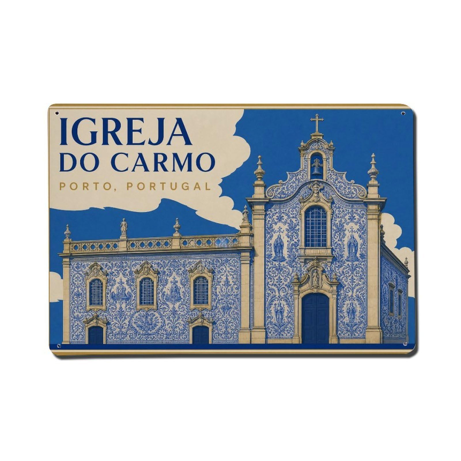 Huiyhb 8X12inch(20X30cm) Vintage Travel Igreja Carmo Blue Tile Church Portugal Metal Tin Sign