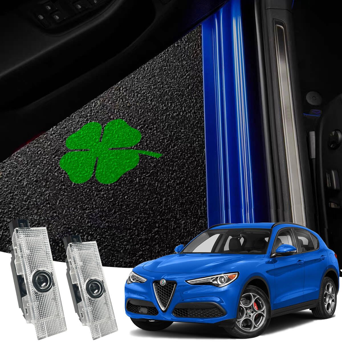 Never Fade for Alfa Romeo Door Light Logo, Projection Ghost Shadow Welcome Puddle Light Compatible with Stelvio Mito Giulietta Giulia Tonale 147 159 Accessories (Clover)