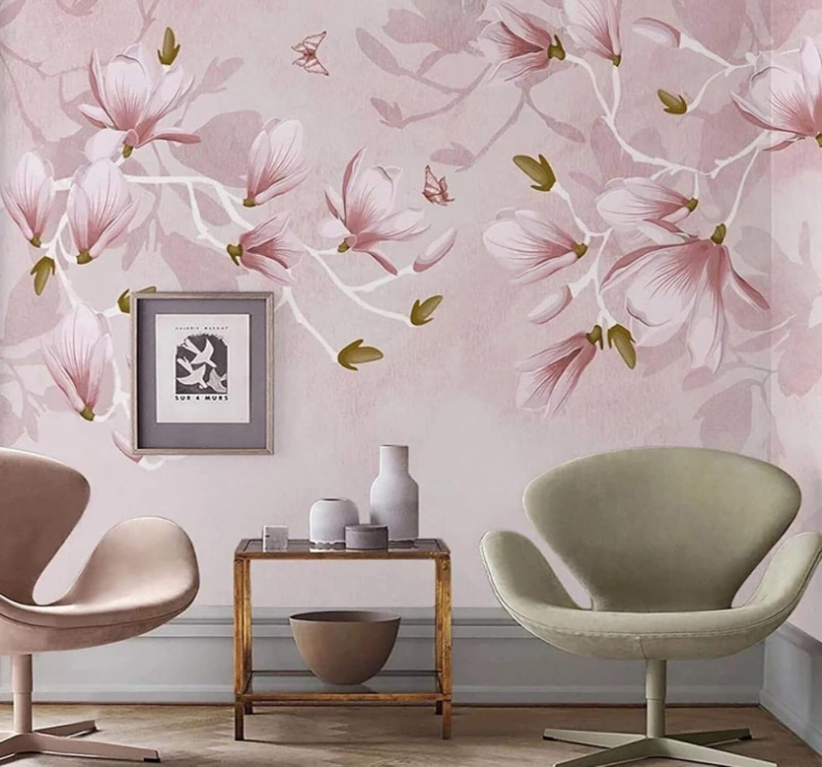 XLMING Hand Drawn Cosy Pink Magnolia Butterfly 3D Wallpaper Luxury Silk Study Dining Feature Sofa Grey Bedroom Living Room Tv Decorative Wall-350cm×256cm