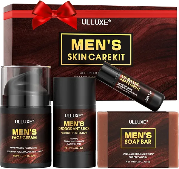 Skin Care Kit for Men, Face Skincare, Lip Care & Body Care for Men, Mens Skincare Set with Face Cream, Lip Balm, Deodorant Stick & Bath Soap, Gifts for Mens Birthday, Husband Dad Gift