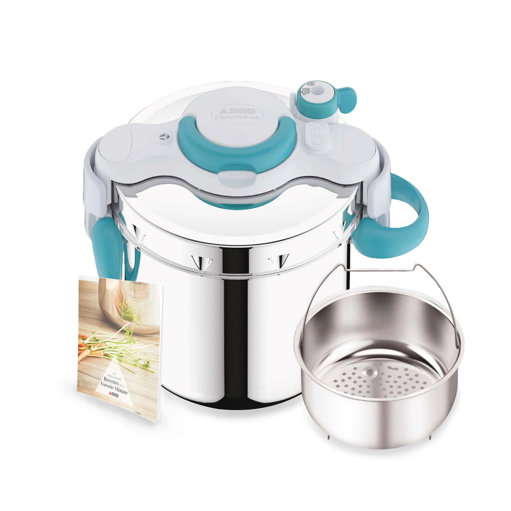 Seb 6 litri Pressure Cooker, Induzione, Stainless Steel Pressure Cooker, Foldable Handles, 100 Recipe Booklet, Made in France, ClipsoMinut'easy+ Blue P4900716