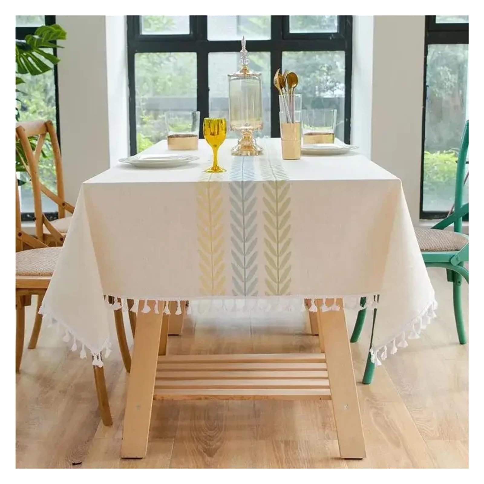 Mzsklw Blue Green Willow Waterproof Tablecloth Rustic Embroidery Tablecloths Cotton Linen Pattern Rectangle Waterproof Table Covers For Kitchen Living Room Decor(,140X300cm 1Pc)
