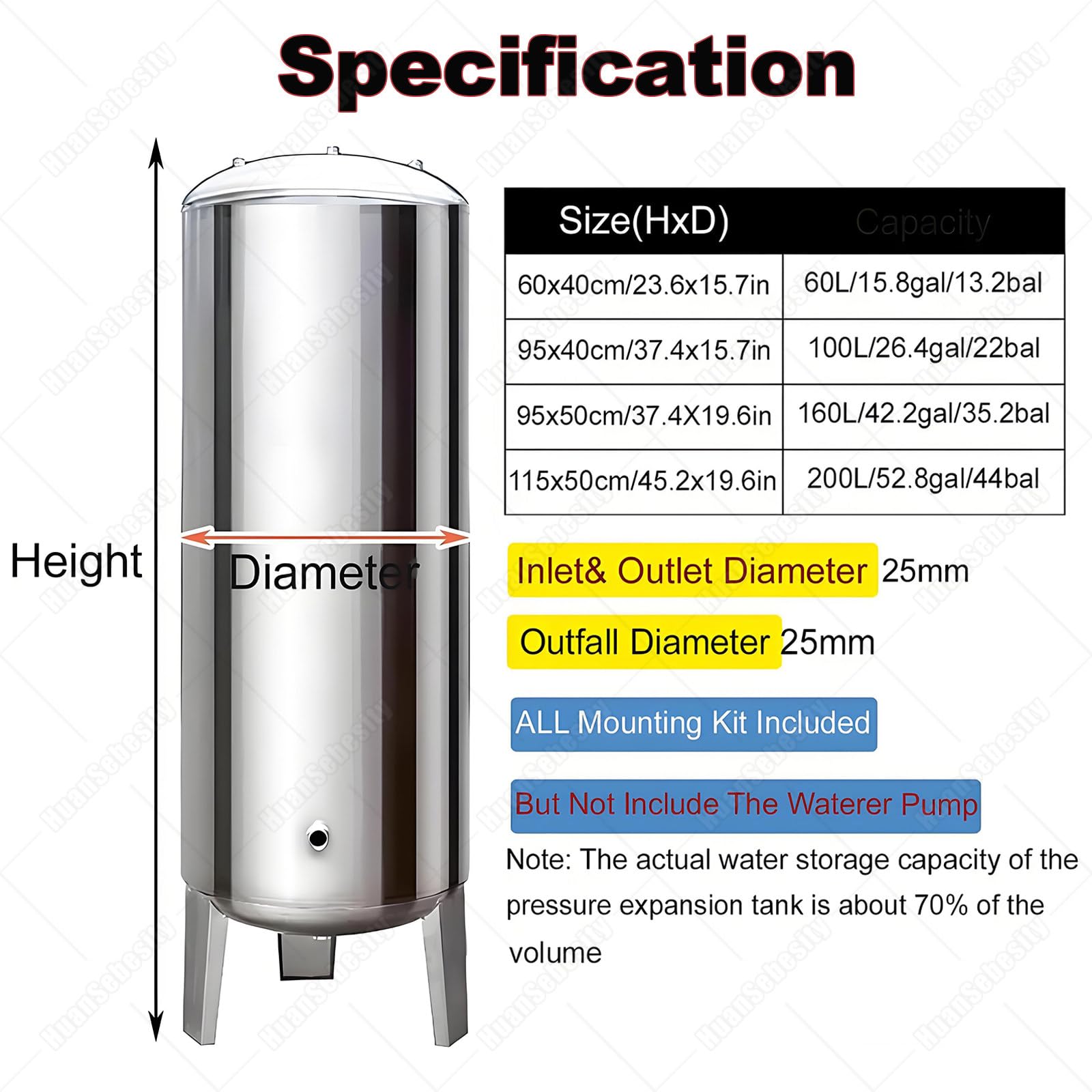 Vaso de Expansión 100 160 200l Tanque de Presión Agua para Bomba de Pozo, Tanques de Almacenamiento de Agua Verticales De Acero Inoxidable Presurizado Nocleaningport-60L