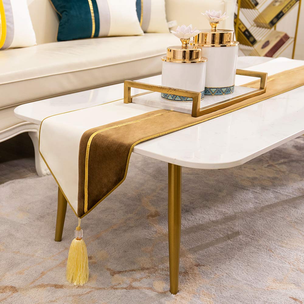 Avigers 12 x 59 Inch Decorative Luxury Brown White Gold Leather Striped Patchwork Velvet Table Runners with Tassels for Home Living Room Bedroom Art