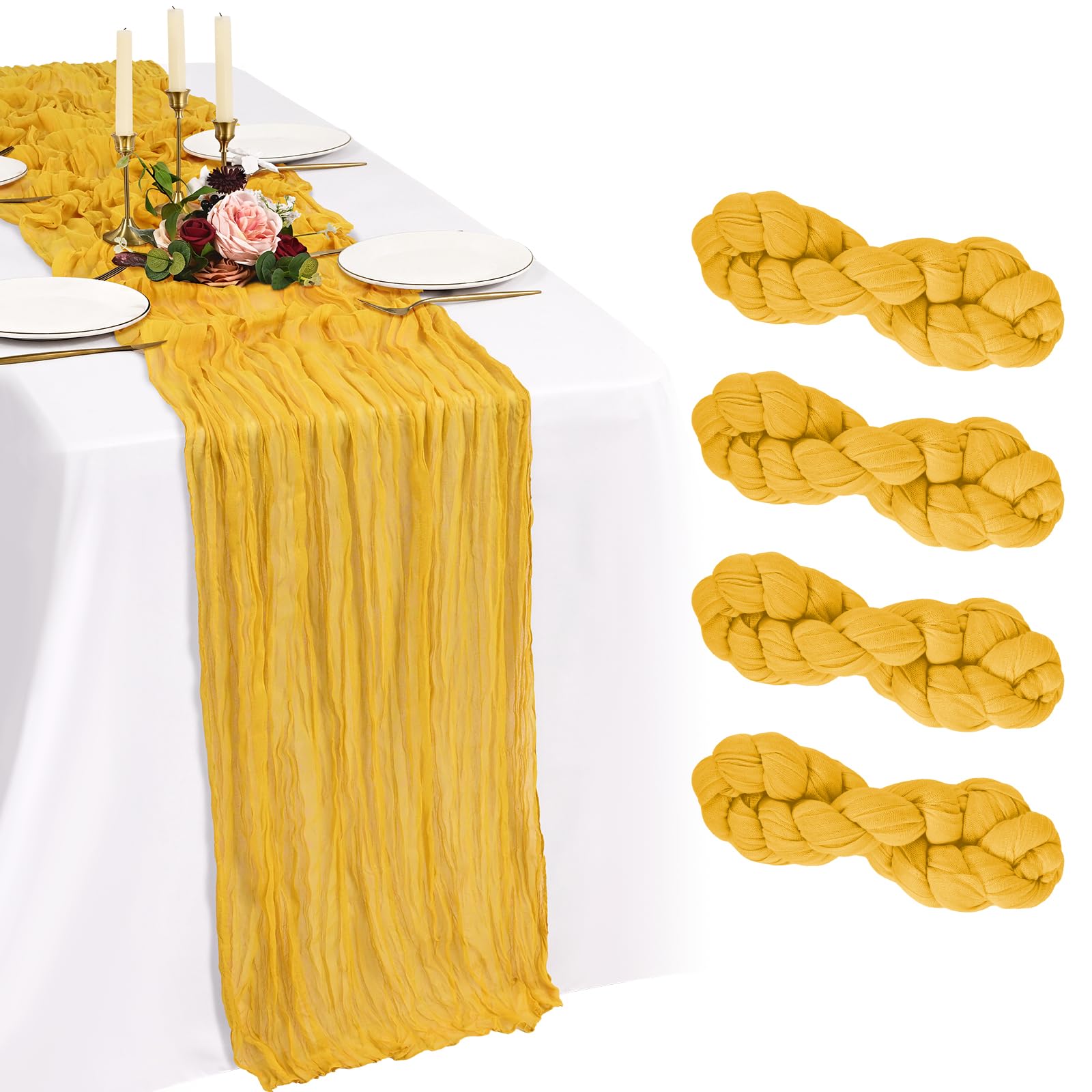 Showgeous Gold Cheesecloth Table Runner 90x300cm, Boho Gauze,4 Pack