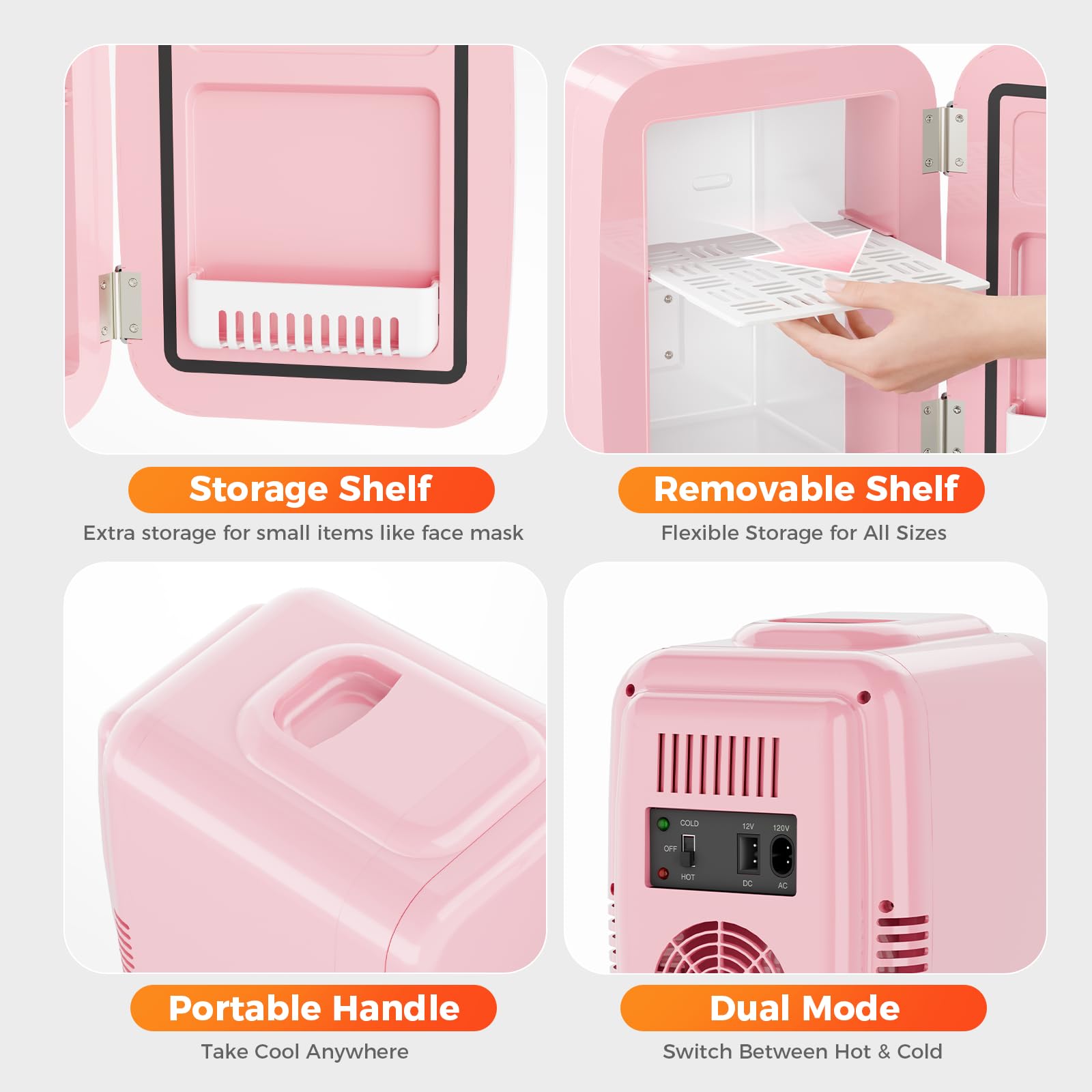YASHE Mini Fridge, 4 Liter/6 Cans Portable Cooler and Warmer, AC/DC Power Small Fridge, Quiet Desk Skincare Fridge for Beauty Drinks Medicine, Mini Fridge for Bedrooms Office Dorm Car Travel, Pink — view 3