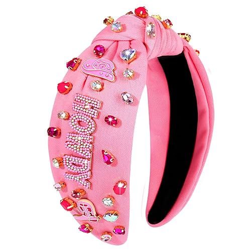 Diadema occidental YEEHAW con diamantes de imitación de cristal, diadema de cuentas rosa intenso, diadema de nudo ancho adornado, diadema de vaquera
