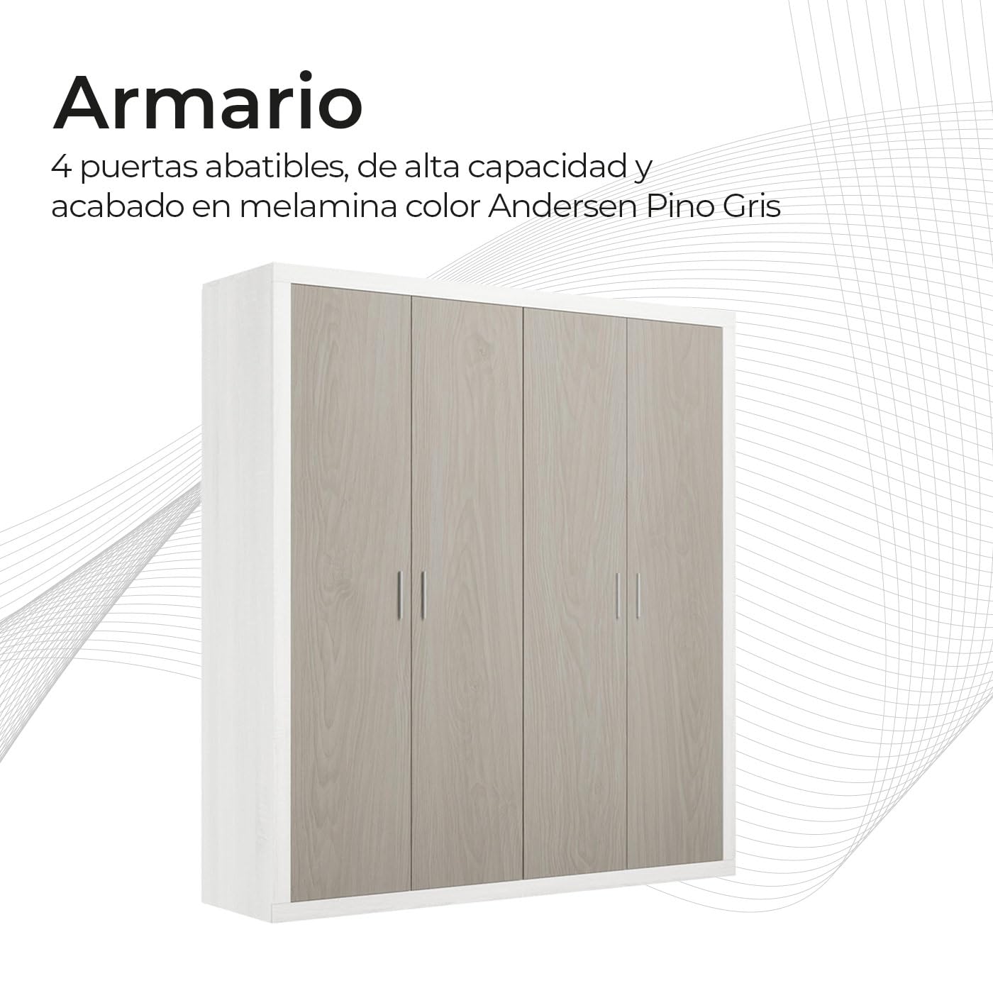 Somnia Descanso - Armario 4 Puertas Batientes con Altillo Modelo Mandi para Dormitorios de Matrimonio o Individuales, Color Pino - Gris, Medidas: 196 cm (Ancho) x 208 cm (Alto) x 50 cm (Fondo)