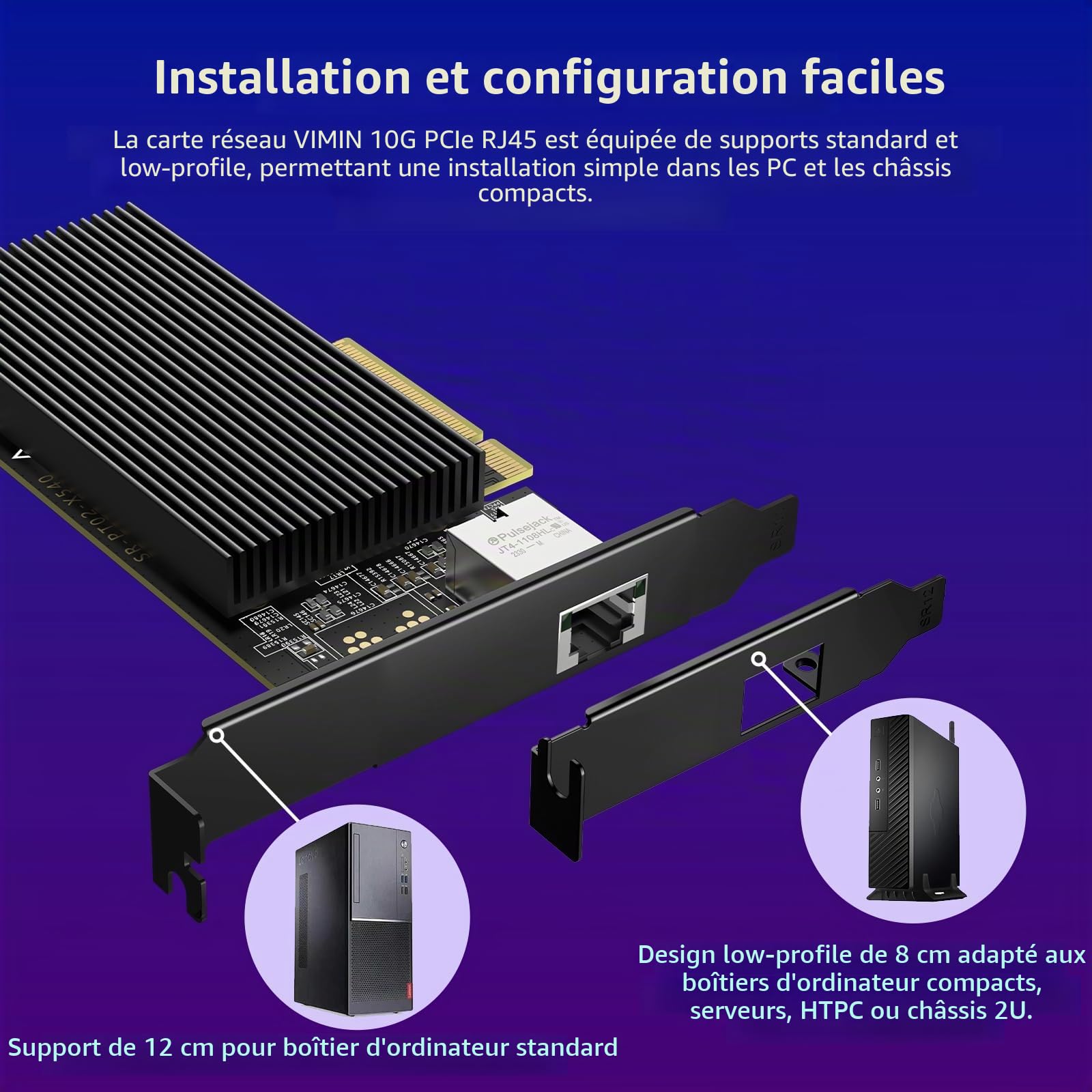 Carte réseau 10G PCI-E avec Ports RJ45 10Gbps individuels, contrôleur Intel X540-T1, VIMIN Carte Adaptateur Ethernet 10Gb Compatible avec PCI Express X8, X16, supporte Windows/Windows Server/Linux
