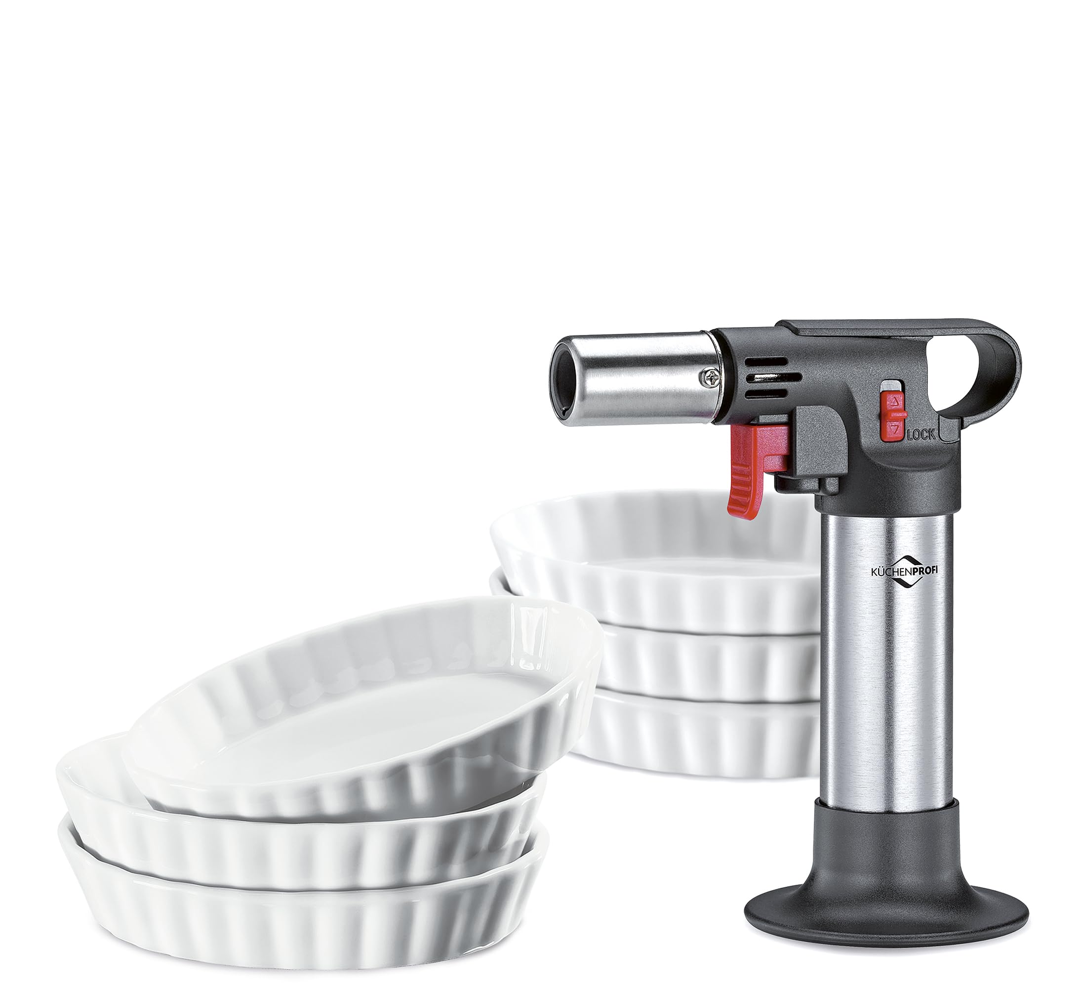 Küchenprofi Crème Brûlée-Set DELUXE, 7-teilig | 1x Flambierbrenner | 6x Schälchen aus Hartporzellan (85 ml) | Backofen- & Mikrowellengeeignet | Creme Brulee Set mit Brenner und Schälchen inkl. Rezepte