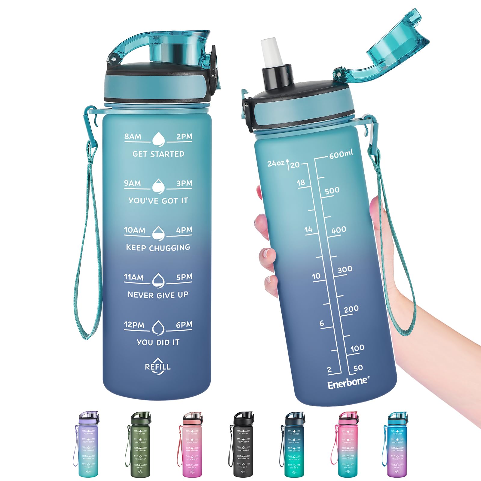 Enerbone Water Bottle, Leakproof BPA & Toxic Free, Motivational Water Bottle with Times to Drink and Straw, Fitness Sports Water Bottle with Strap for