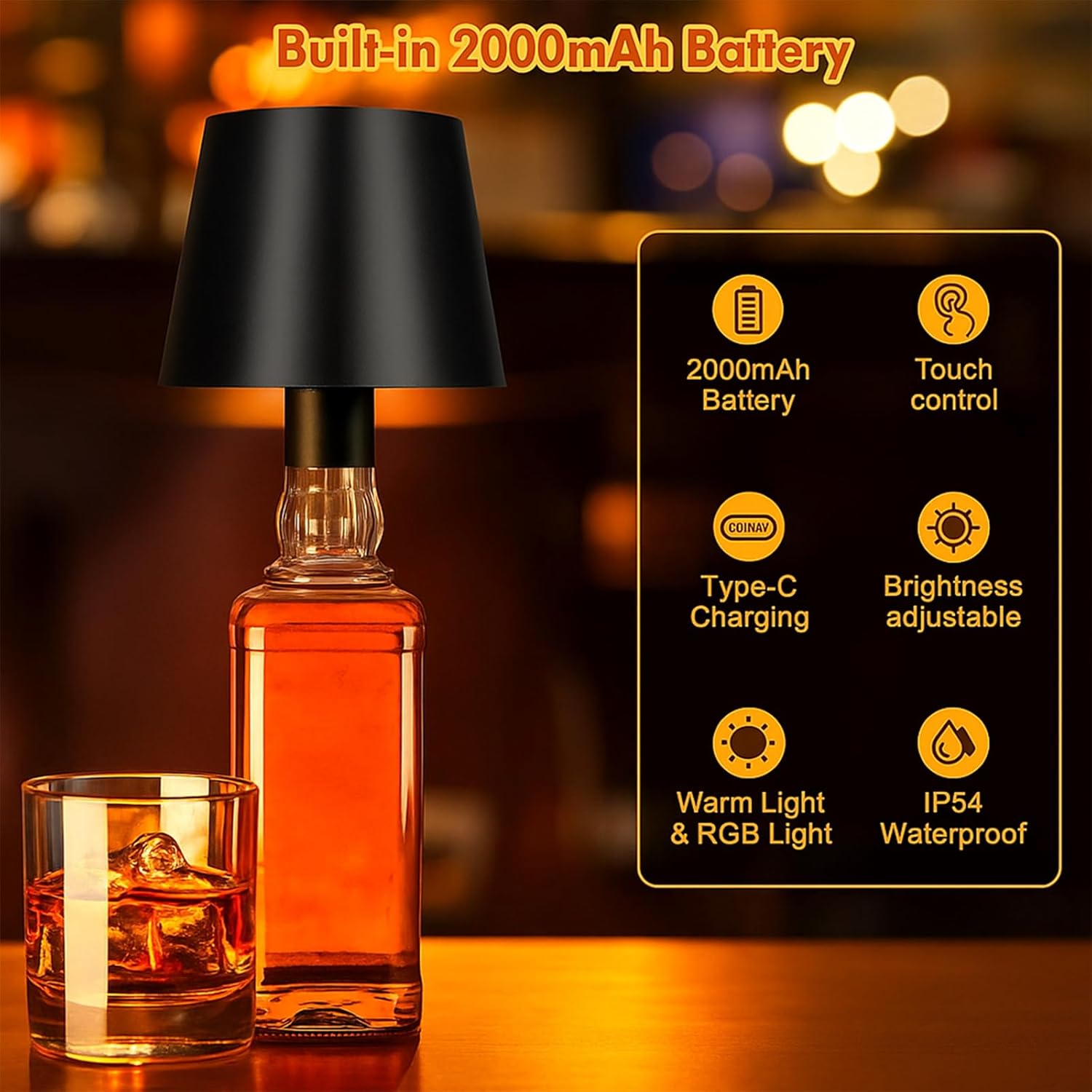 Wireless Wine Bottle Lamp Shade - 8 RGB Modes, 3000-6500K, Rechargeable Touch Control, Portable for Bar/Party/Home Decor, Black Metal