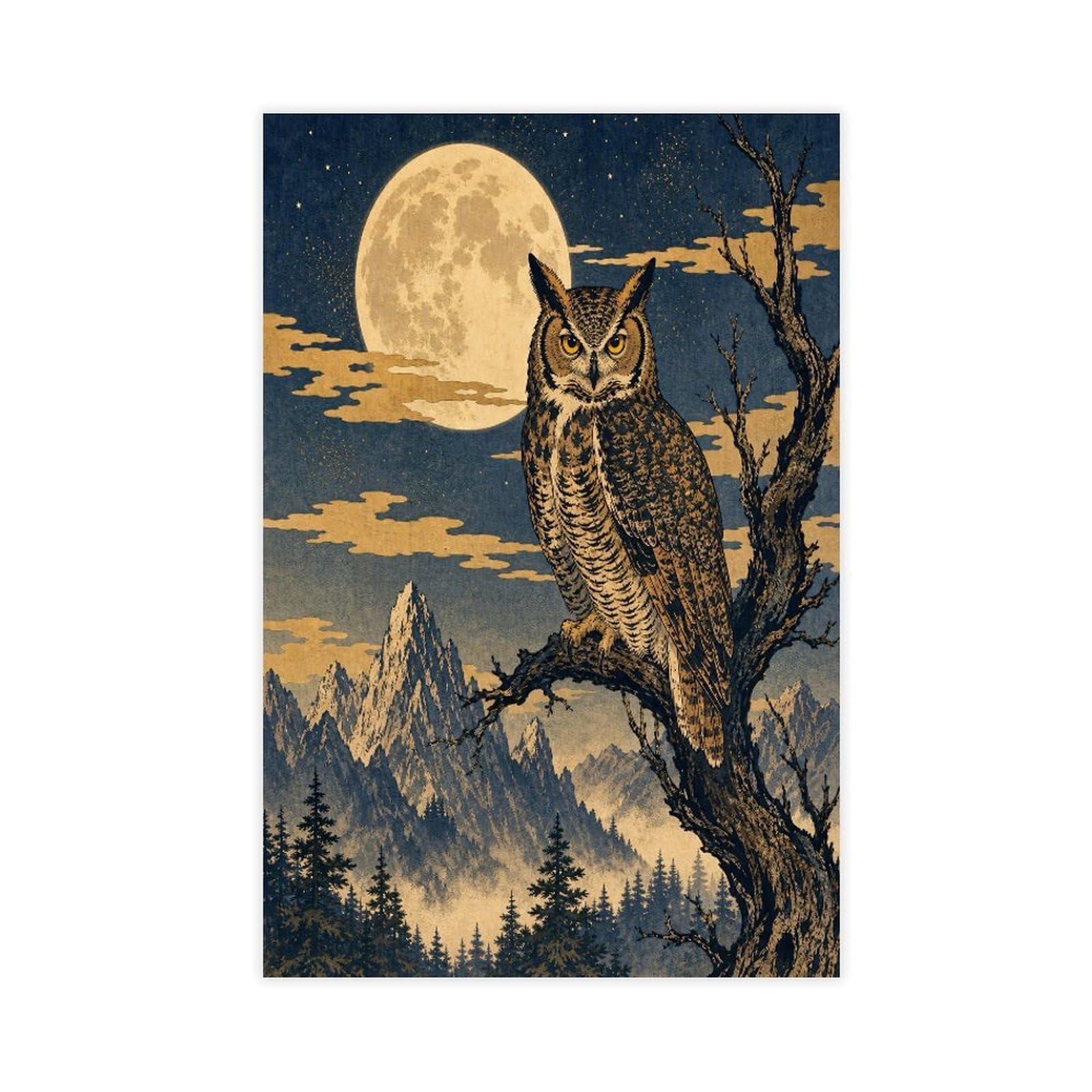 H3b8u2y5 Unframe-Style-22 Moon Owl On Branch Canvas Wall Art, Moonlit Stage Gallery Wall
