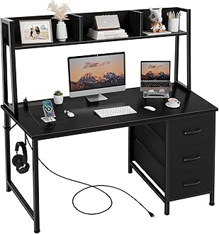 Black Computer Desk with Hutch & Drawers - Office Desk with 3 Storage Drawers and Power Outlets, 47 Inch Modern Study Writing Desk for Bedroom Home Office