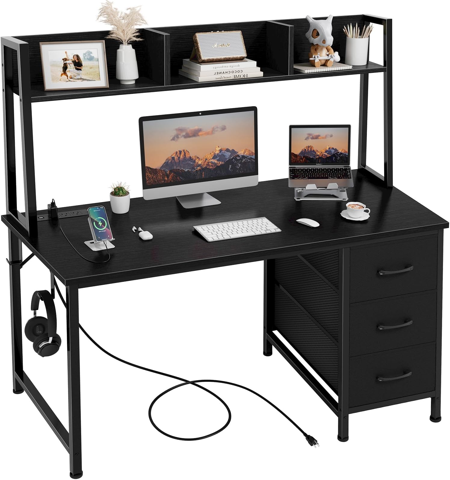 DLISITING Computer Desk with Hutch & Drawers - Office Study Writing 47 Inch Desk with 3 Drawers Storage Power Outlets, Modern Desk for Bedroom Home Office Black