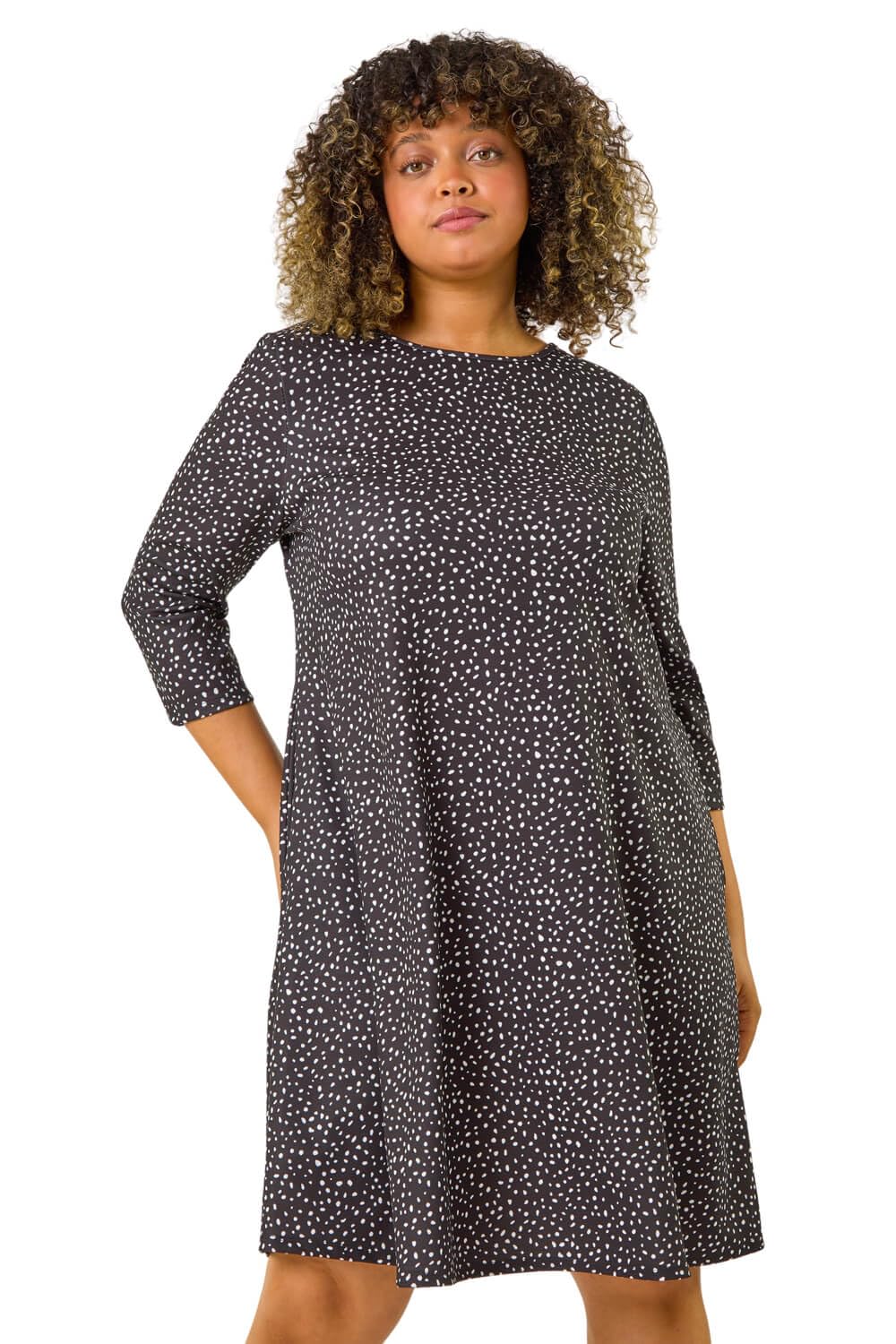 Roman Curve Spot Print Stretch Swing Dress - Black - Size 18 - 3/4 Sleeve - Round Neckline - Knee Length