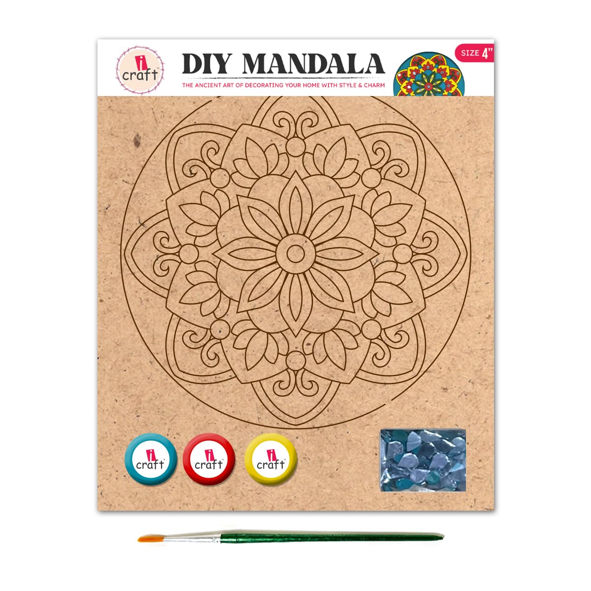 iCraft Mandala Art Kit for Adults - Lotus Harmony Design - DIY Lippan Art Kit for Adults with 4-Inch MDF Base, 3 Chalk Paints, Precision Paintbrush, and Mirror Beads - Eco-Friendly Materials (SMA 02)