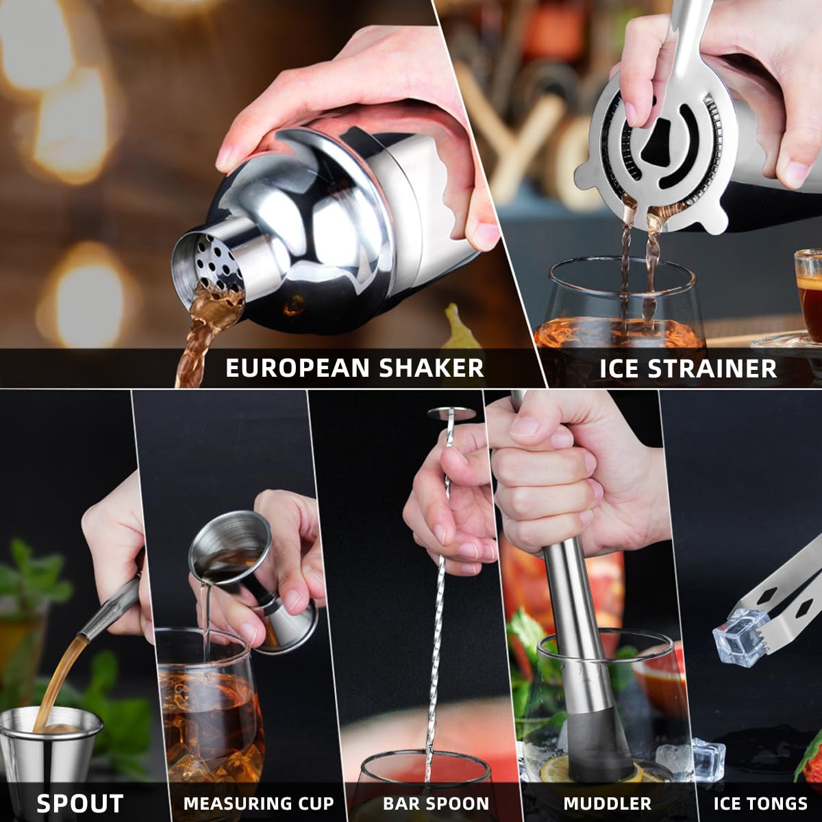 6 sets de cóctel premium de LiangYuanZen, una coctelera de 750 ml, un vaso medidor doble, 2 crunker, una cuchara y un stasipunk.