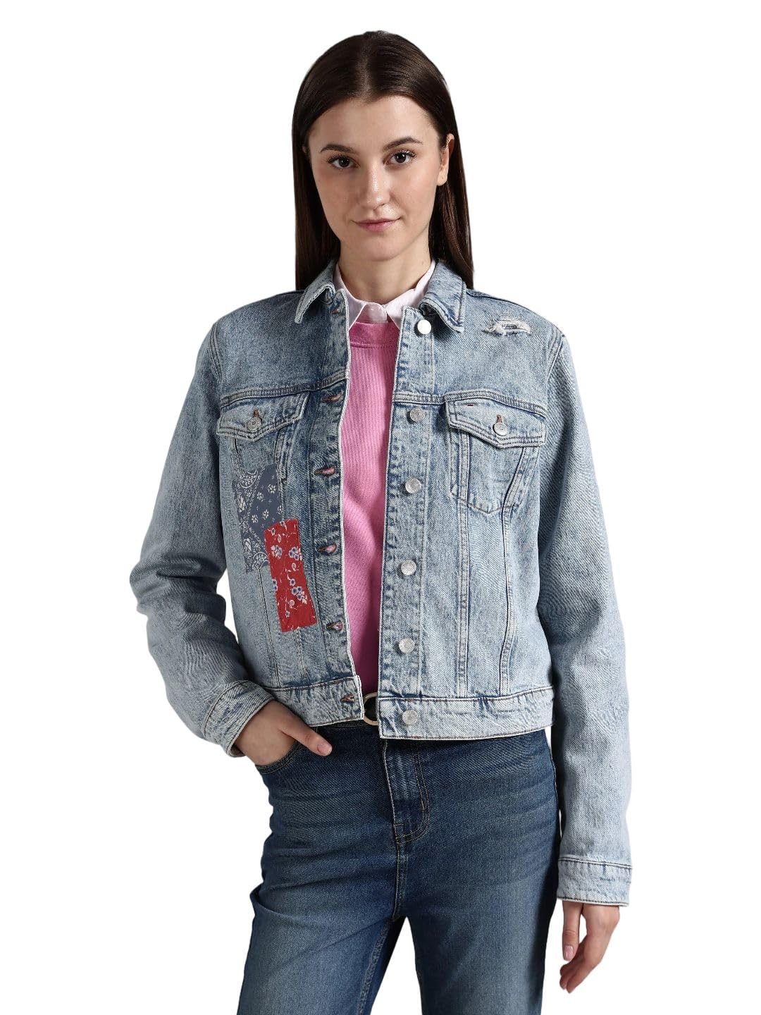 Regular fit cotton spread collar denim jacket-image-10