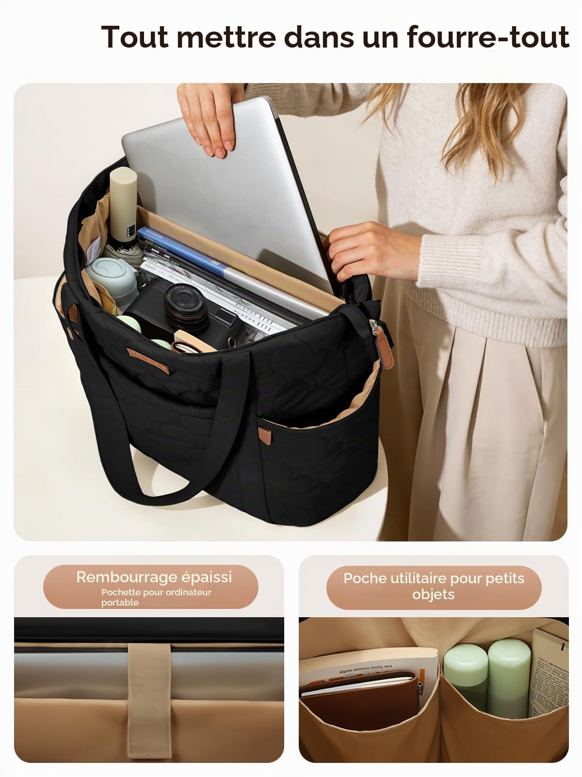 Sac Cabas pour Femme Grand, Sac Fourre Tout pour Ordinateur Portable 15,6 Pouces, Sacs a Main avec Fermeture Éclair, Sacs Bandoulière Léger pour Shopping Université Travail Voyage
