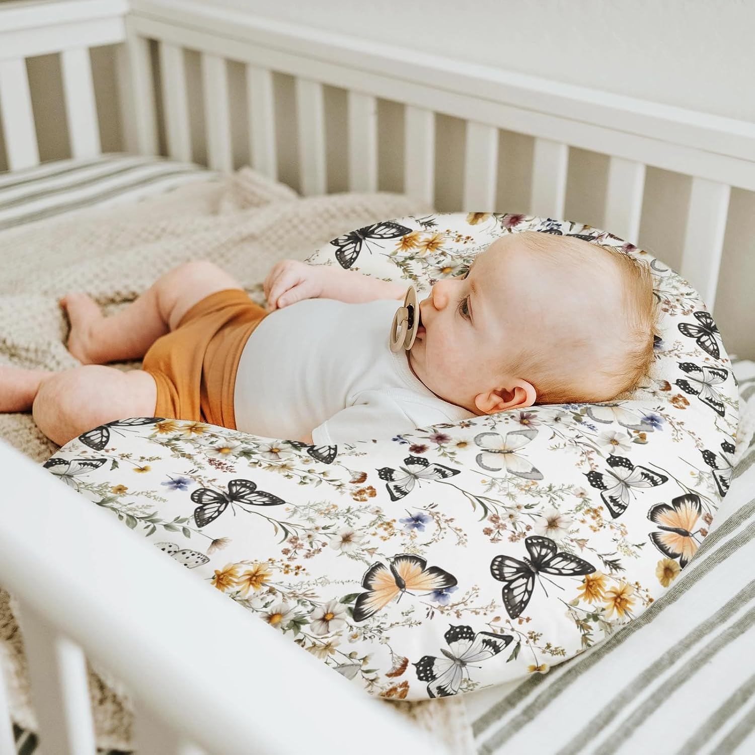 Boho Floral Butterflies Nursing Pillow Covers for Boy Girl Vintage Wildflowers Leaves Nursery Feeding Pillowcase for Breastfeeding Pillows Retro Spring Summer Soft Stretchy Cover for Newborn Infant