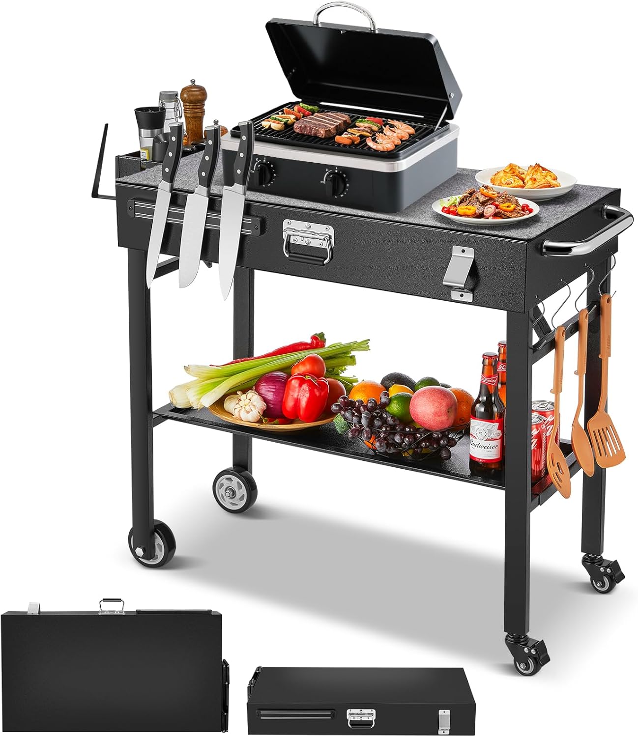 FOHERE Folding Grill Cart for Blackstone 16-28 Inch Griddle, Portable Outdoor BBQ Prep Table with Wheels & Paper Towel Holder, Stand for Camping, Patio, Tailgating