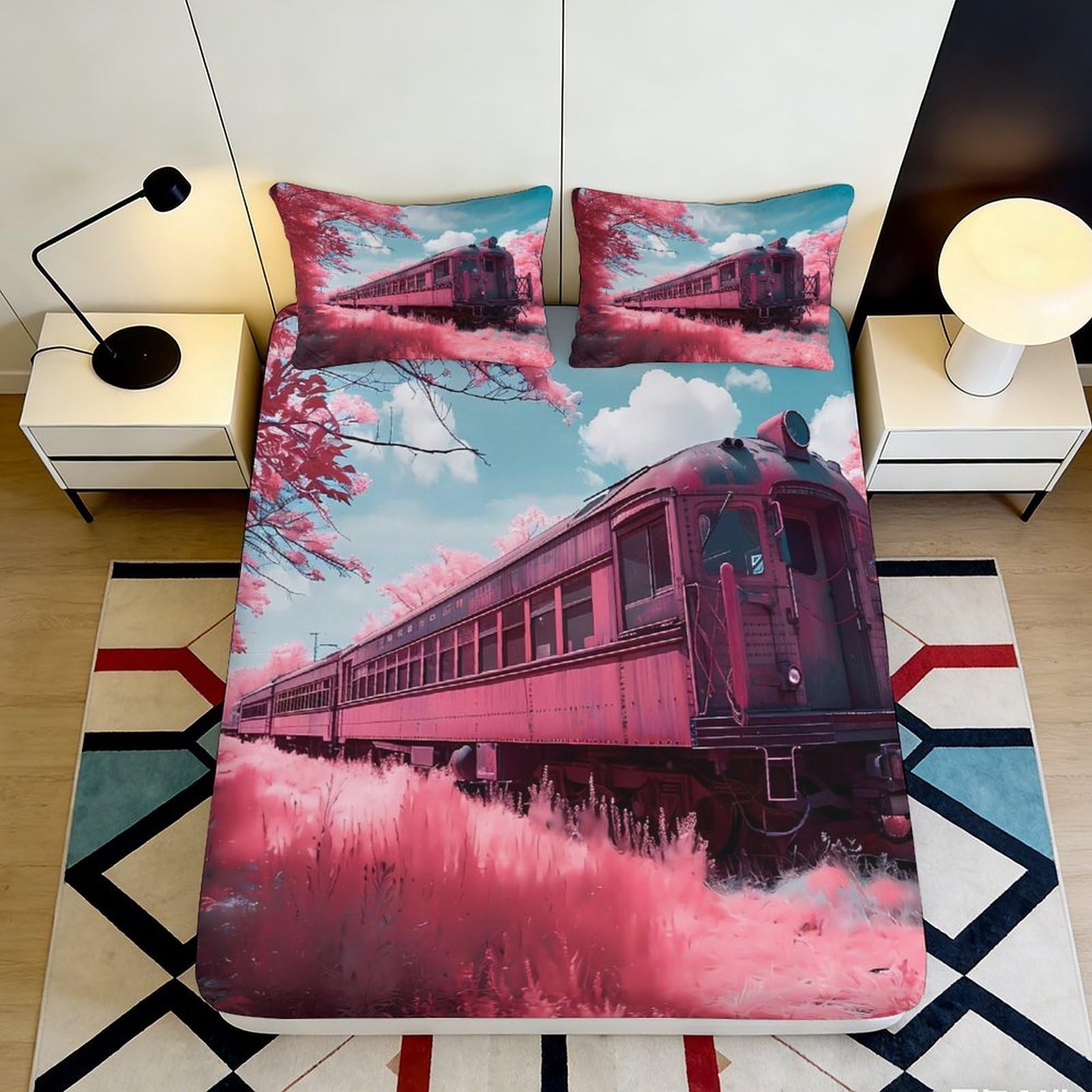 3D Printed Train Scenery Fitted Sheet Microfiber Deep Pocket Elastic Hem Bedroom Bedding Train Mattress Fitted Cover Washable 200x200x25cm
