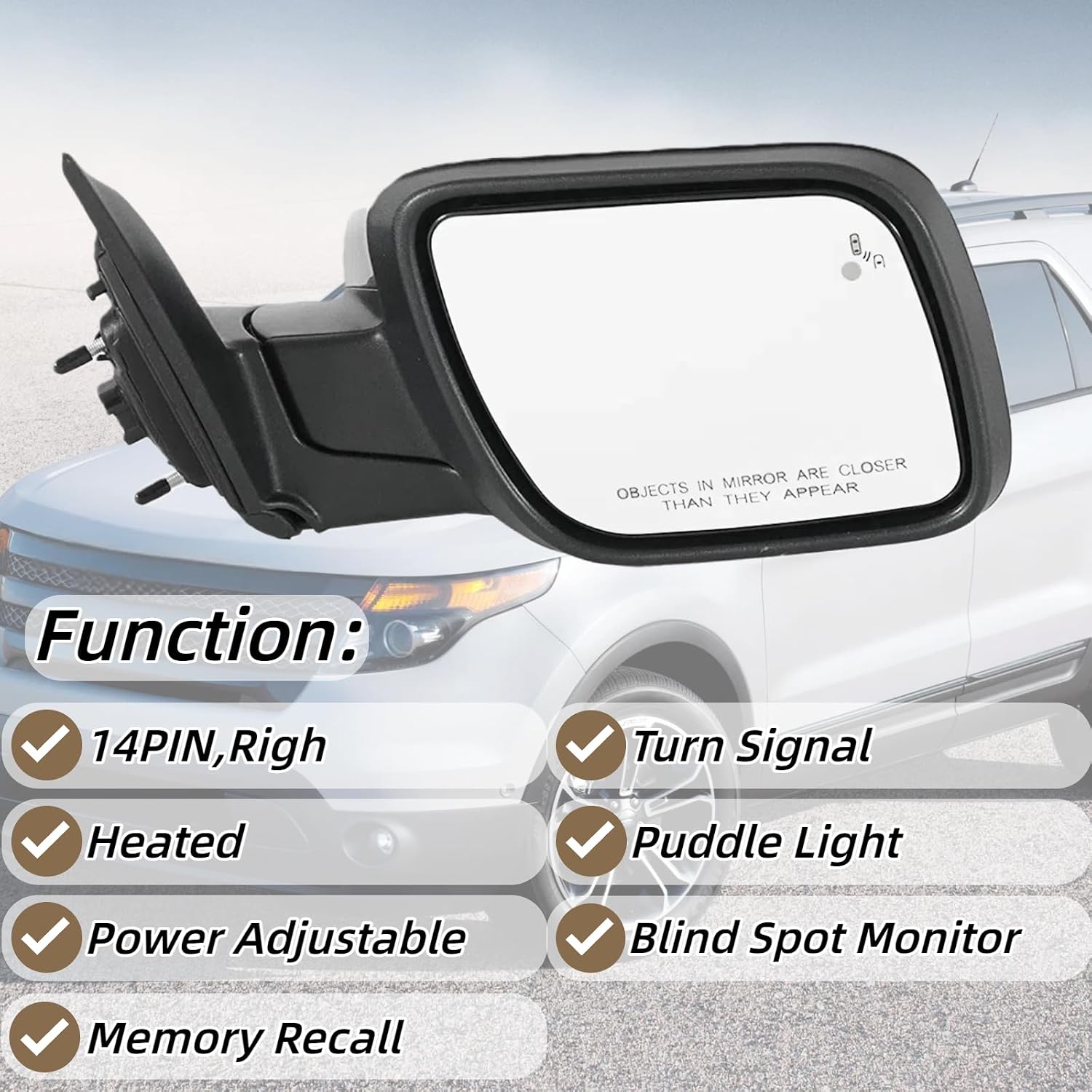 Right Passenger Side Mirror Assembly Compatible with Ford Explorer 2011-2019 With Heated Power Glass Blind Spot Light Turn Signal Light Puddle Light Memory Power Folding Replace GB5Z17682 Black 14Pins