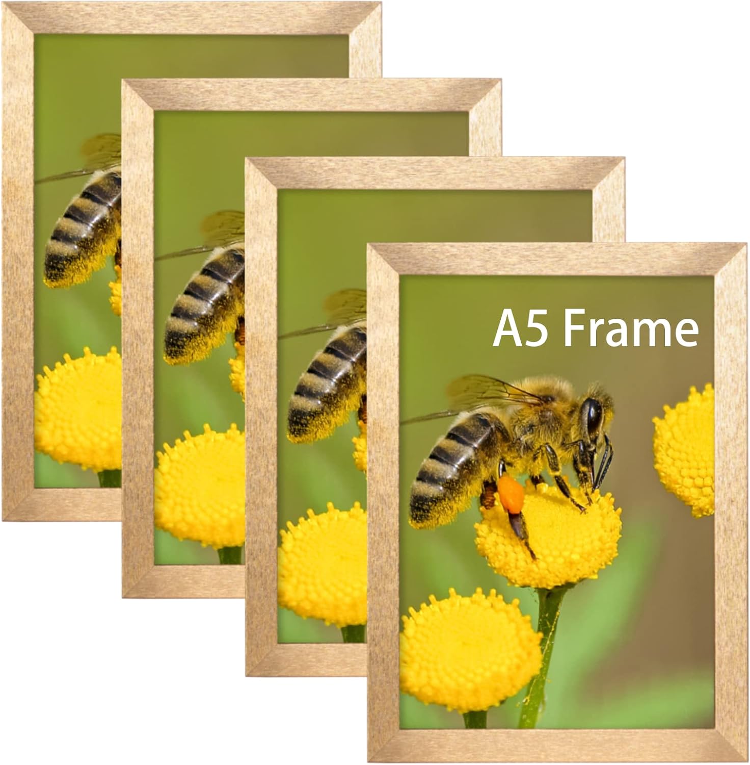 KUSW A5 Frame Gold Set of 4, Photo Frame A5 (14.8×21 cm) Real Glass Desktop and Wall Mounted