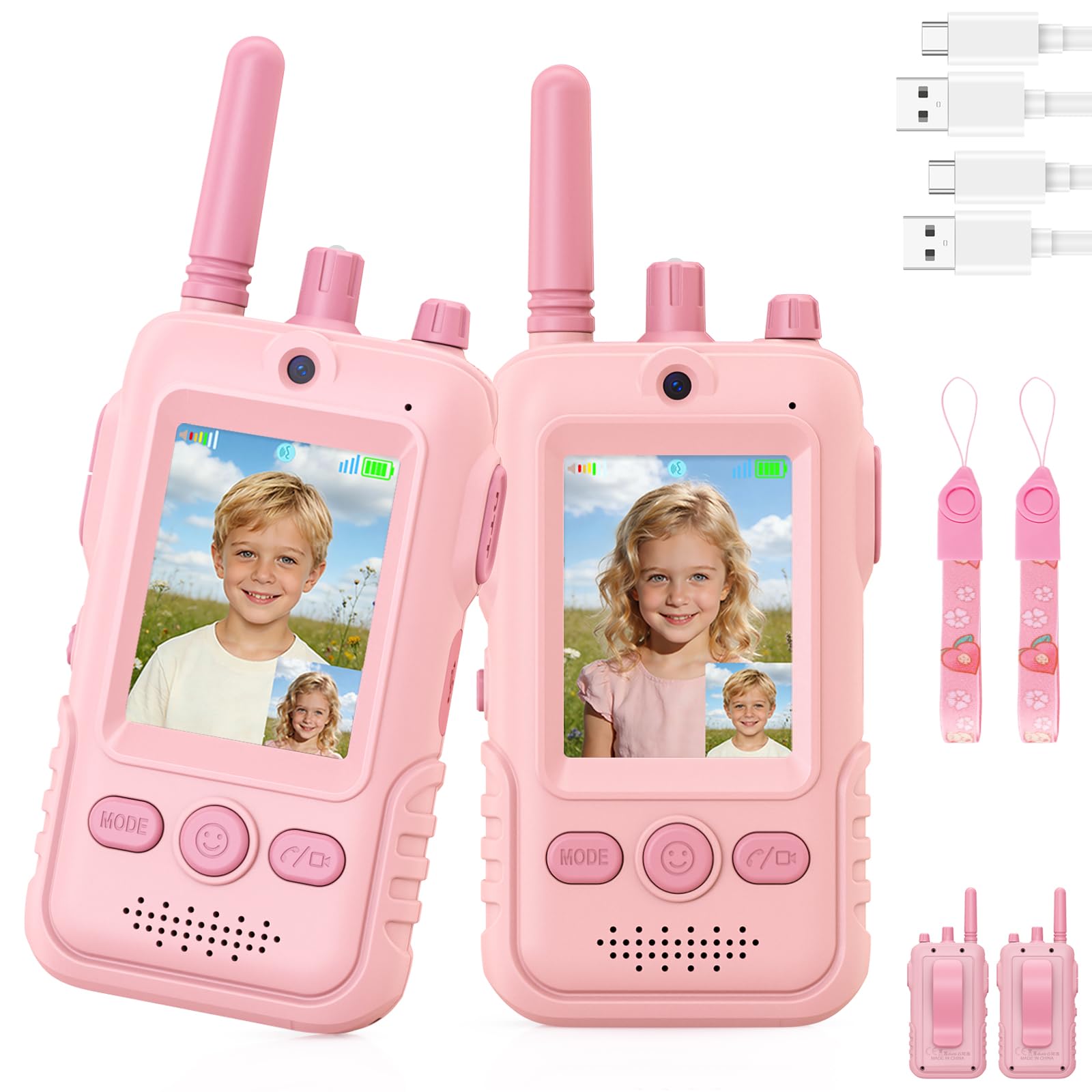 Video Walkie Talkie Kinder mit Kamera, Sehen & Sprechen Gleichzeitig, 2er Set Aufladbar mit Gürtelclip & Taschenlampe, Outdoor Abenteuer Spielzeug Mädchen Geschenk für 3-8 Jahre Garten & Camping