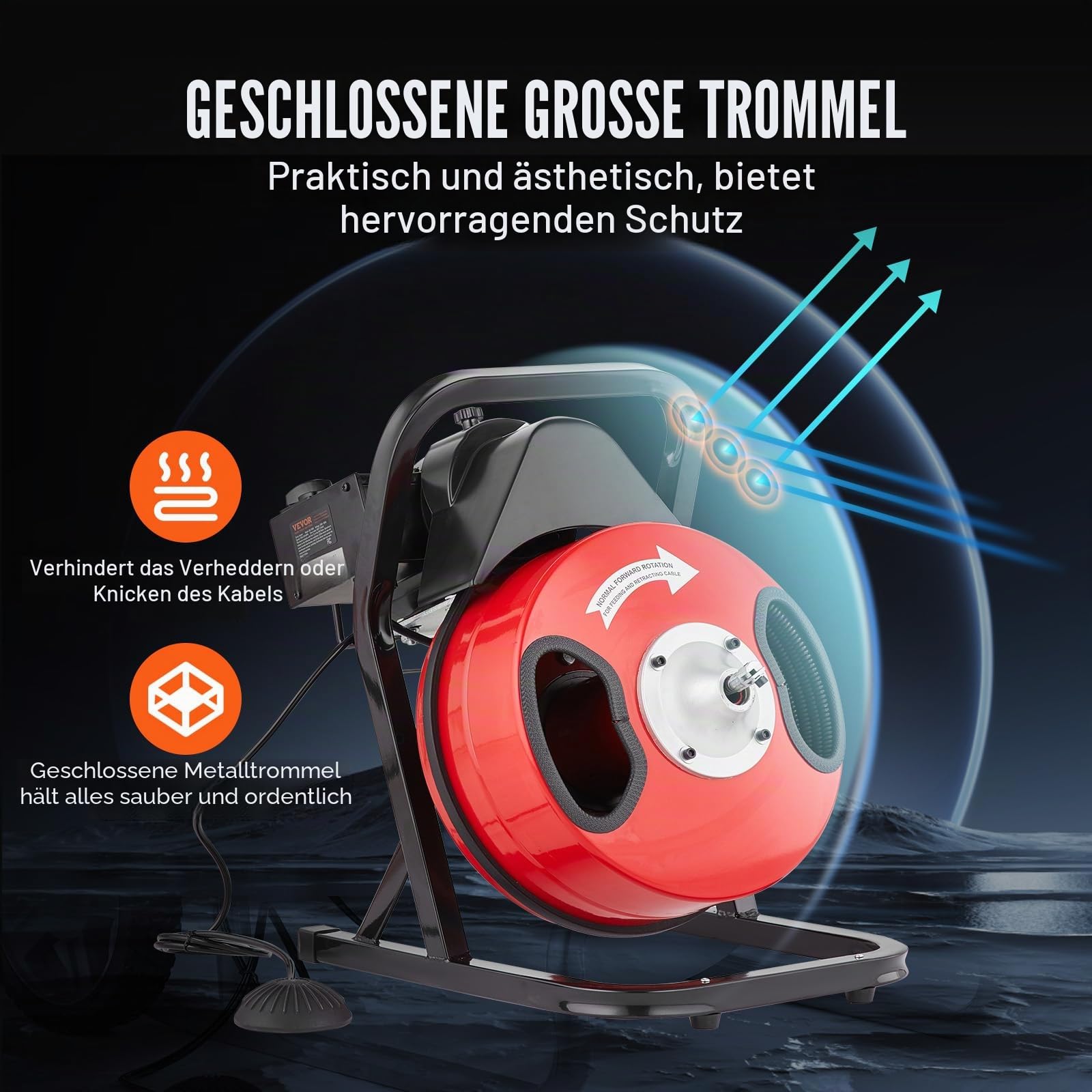 VEVOR Rohrreinigungsmaschine 50 FT x 1/2 Zoll, manuelle Rohrreinigungsspirale – mit 4 Schneidern und luftaktiviertem Fußschalter für 2 bis 4 Zoll Rohre
