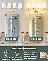 Vista 6 de Bathroom Light Fixtures, 4 Light Brushed Gold Vanity Lights with Flared White Fabric Shade, 28 Inch Wall Sconce, Modern Sconces Wall Lighting for