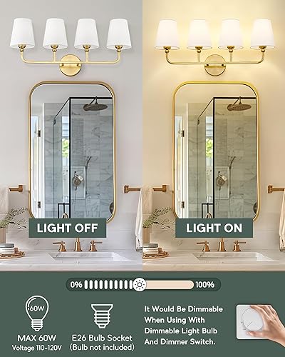 Miniatura 6 de Bathroom Light Fixtures, 4 Light Brushed Gold Vanity Lights with Flared White Fabric Shade, 28 Inch Wall Sconce, Modern Sconces Wall Lighting for