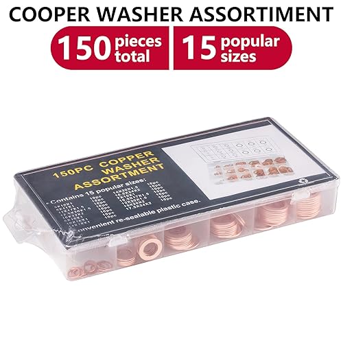 Miniatura 7 de Toolwiz Juego surtido de 150 piezas de arandelas de cobre de 15 tamaños M17.5-M5, anillo plano, tapón de sumidero, arandela aplastante, tapón de