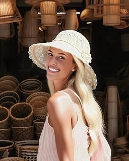 Generic Women Wide Brim Sun Hat Foldable Crochet Floral Lace Hat Breathable Lightweight Beach Travel Hat