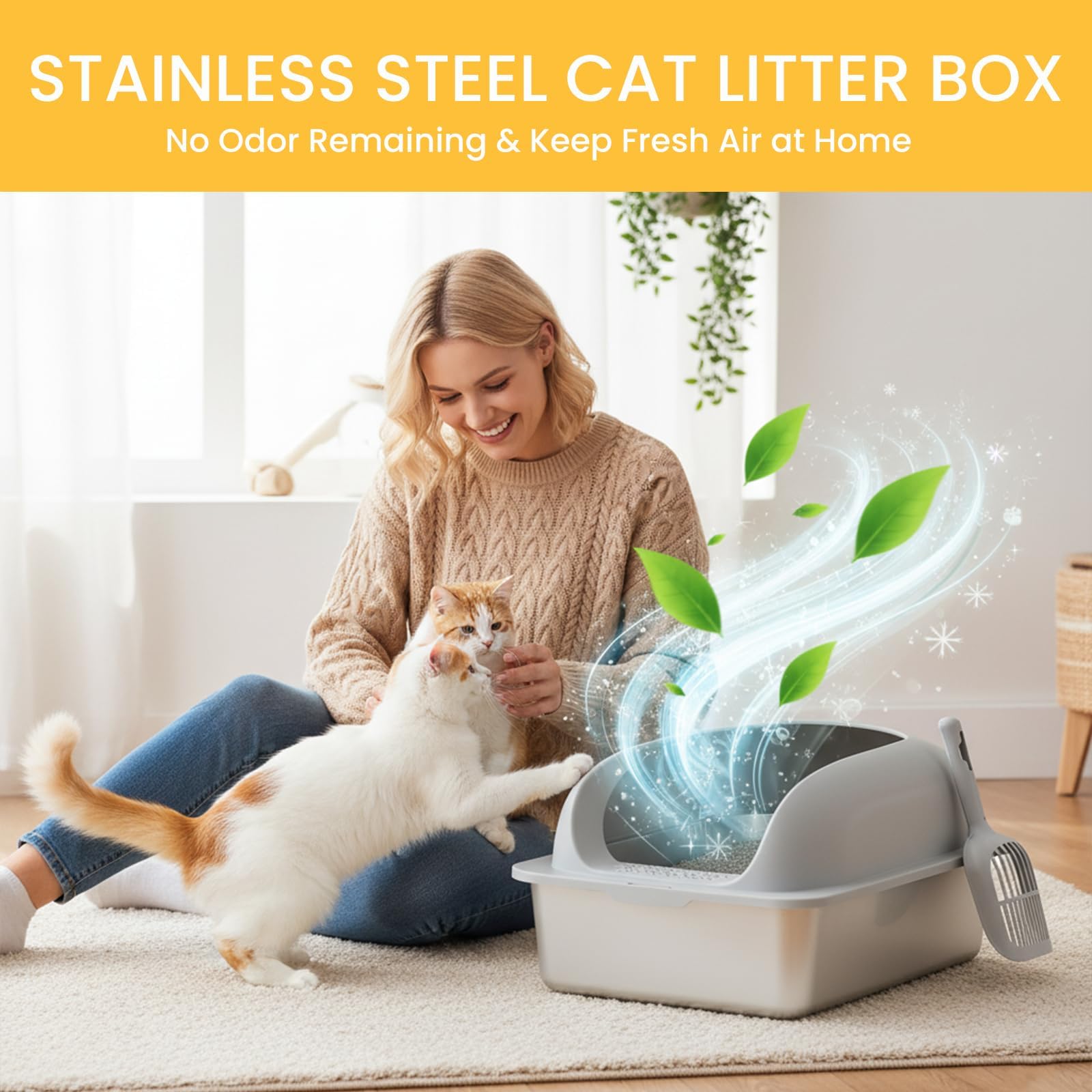 Simple Deluxe XL Stainless Steel Cat Litter Box with Lid, High Sided Metal Litter Pan for Large Cats, Urine-Proof Non-Stick, Light Gray - image 3