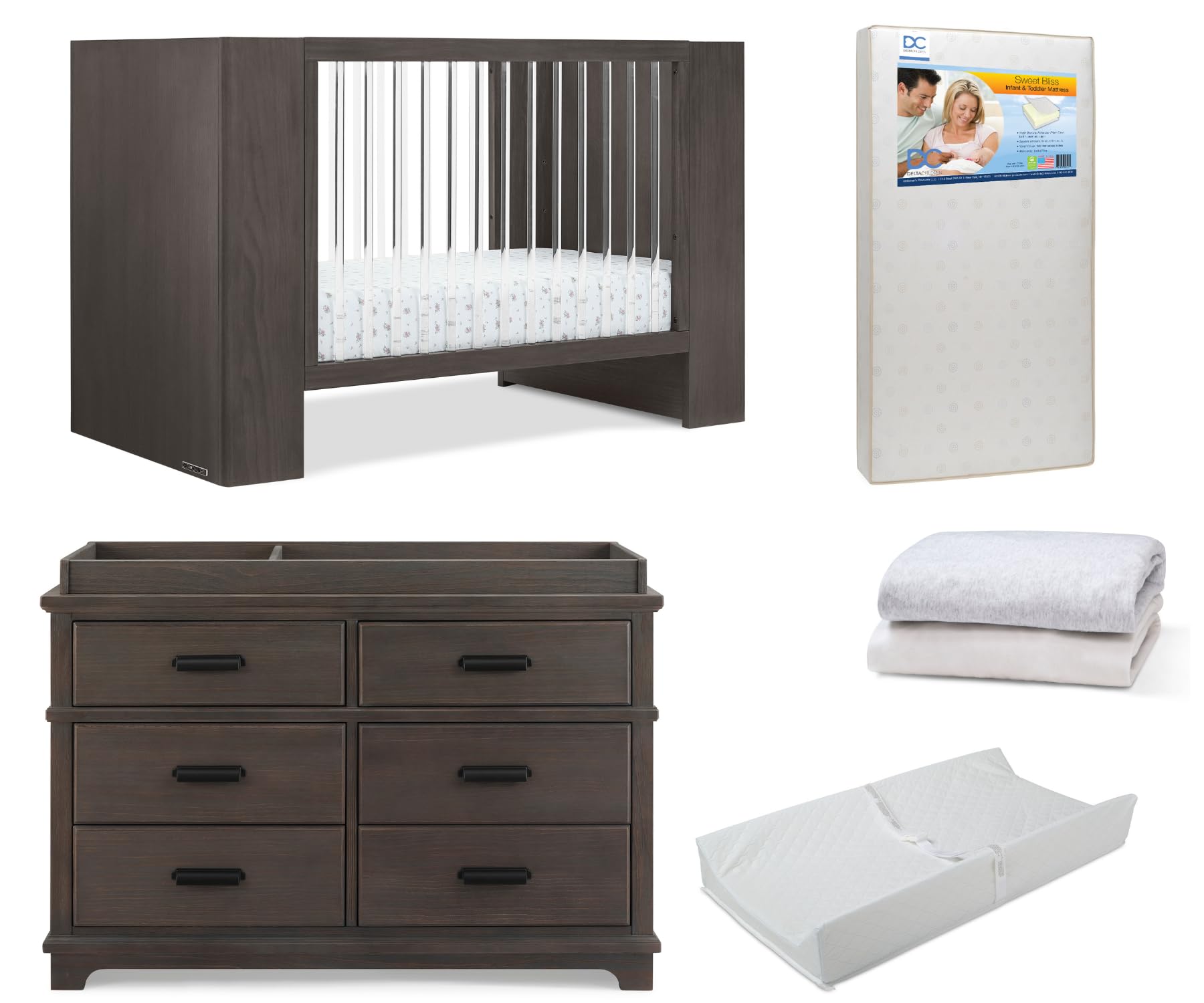Delta Children Aerin Crib 6-Piece Baby Nursery Furniture Set–Includes: Convertible Crib, 6 Drawer Dresser, Changing Top, Crib Mattress, Sheets & Changing Pad, Rustic Grey