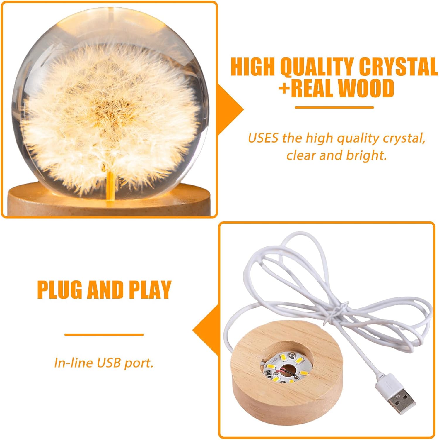 Crystal Ball Night Light, 6 cm Dandelion Glass Ball Night Lamp, Crystal Ball Night Light Flower with USB Wooden Base, Dandelion Lamp Wish Filler for Home Table Decorations Gifts, Warm colour