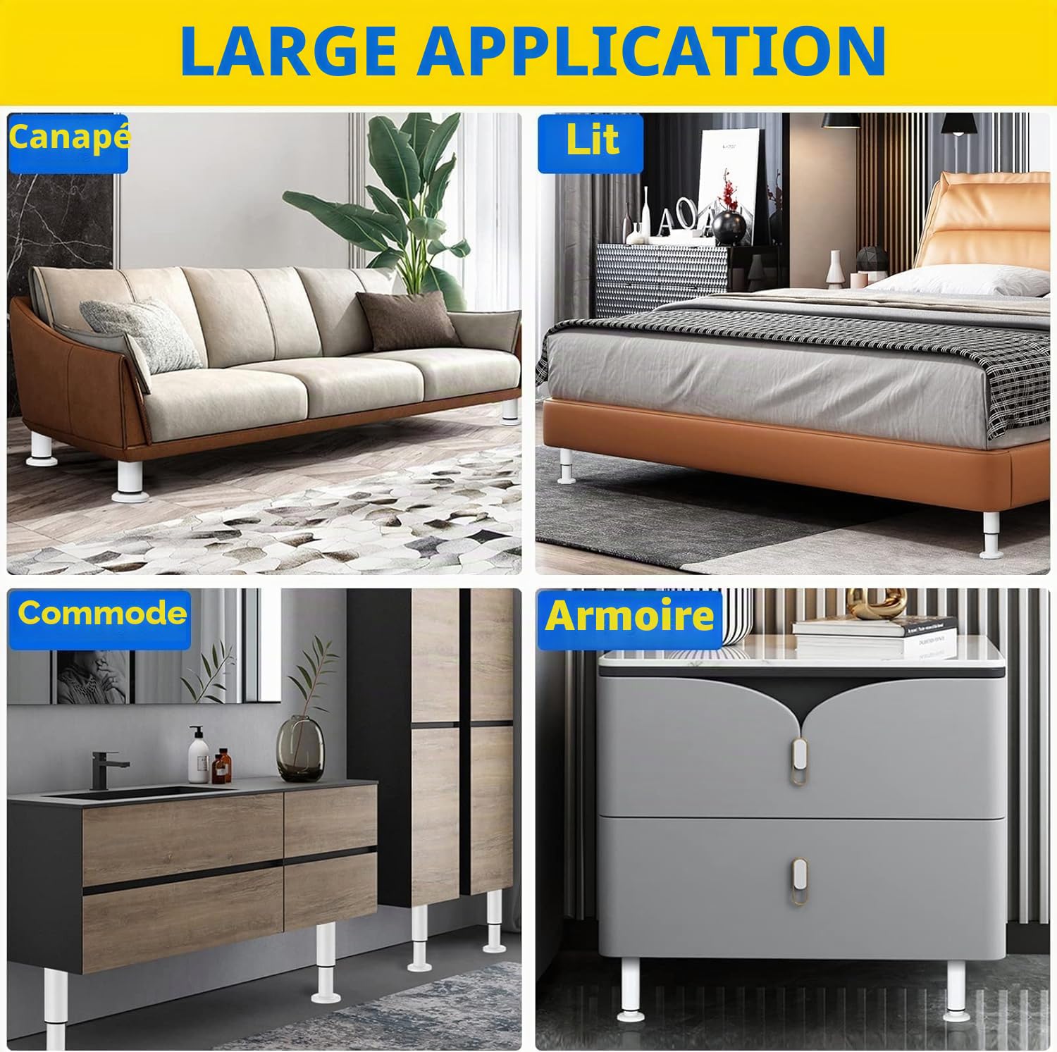 Lot de 2 pieds de meubles en métal doré 40-70 cm, pieds de meubles réglables, hauteur ajustable, capacité de charge jusqu'à 400 kg, pieds de meubles pour meuble TV, canapé, chaise de bureau