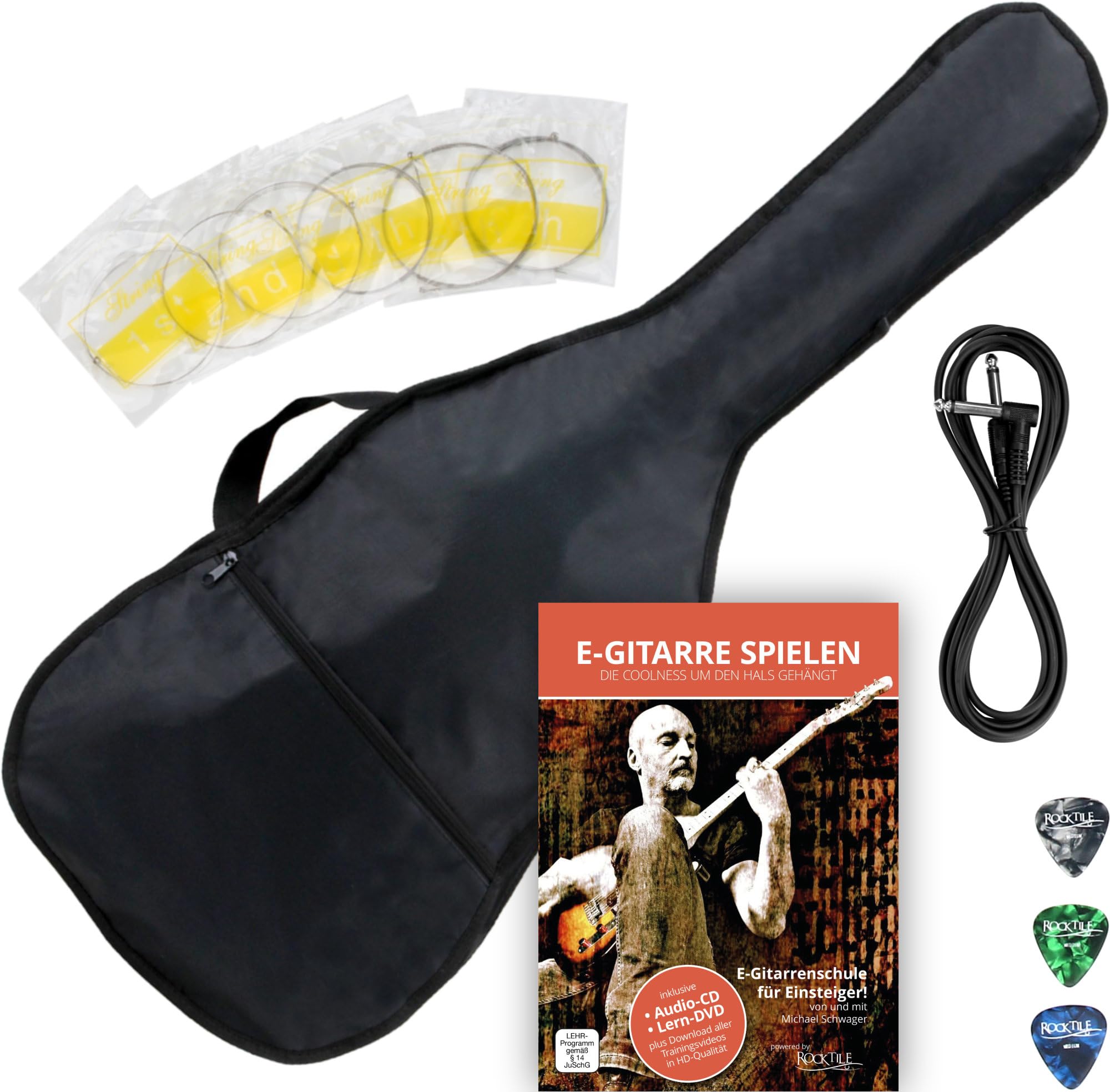 Rocktile Pro ST60-SK E-Gitarre Skull mit Zubehör (Gitarre Gigbag Tasche, Kabel, Plektren, Gitarren Schule mit CD & DVD, Satz Gitarrensaiten)