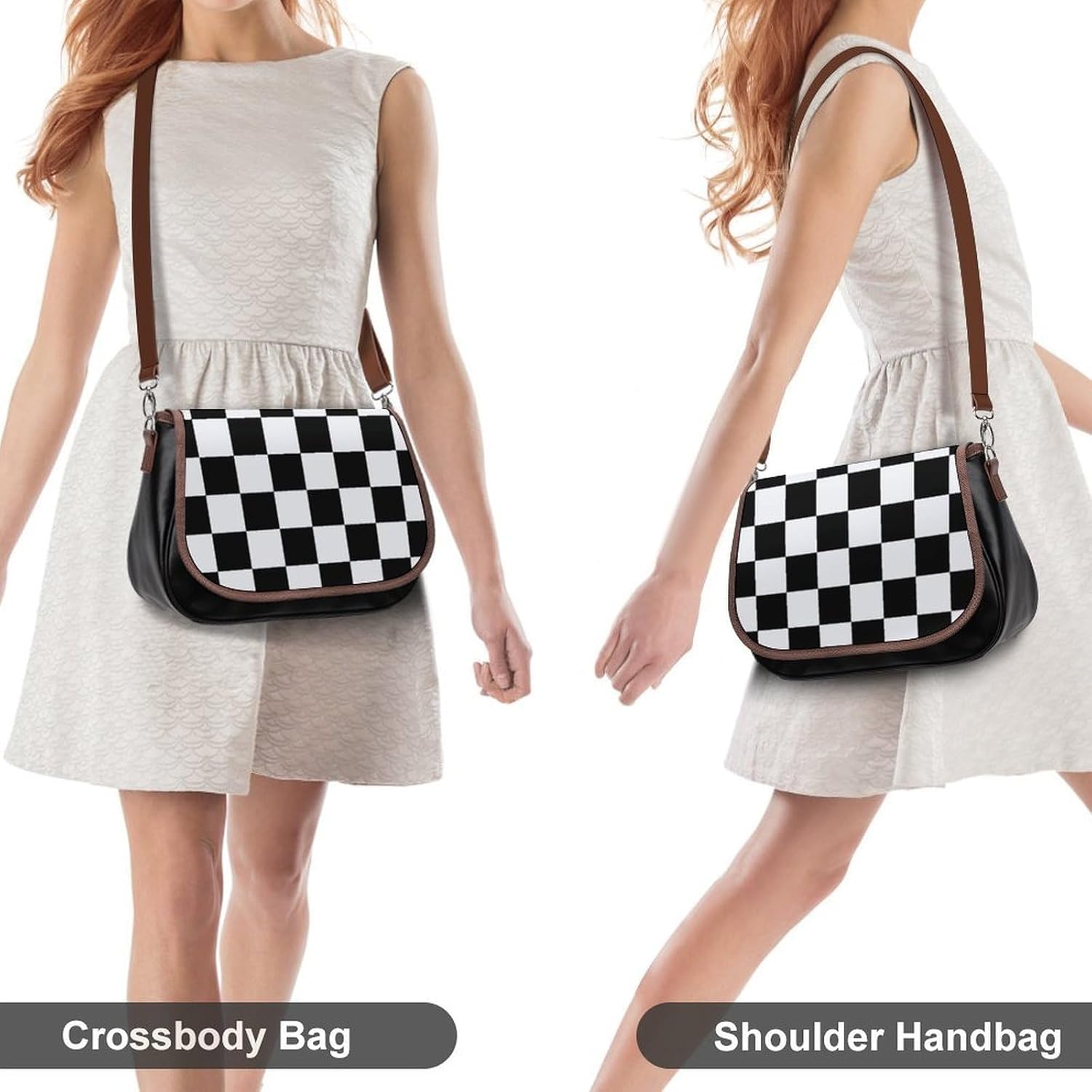 Black And White Checkered_61380266Women's Faux Leather Crossbody Bag, Waterproof Wrinkle-Resistant Shoulder Bag with Detachable Strap, Large Capacity Casual Handbag, Fashion Daily Purse for Shopping W