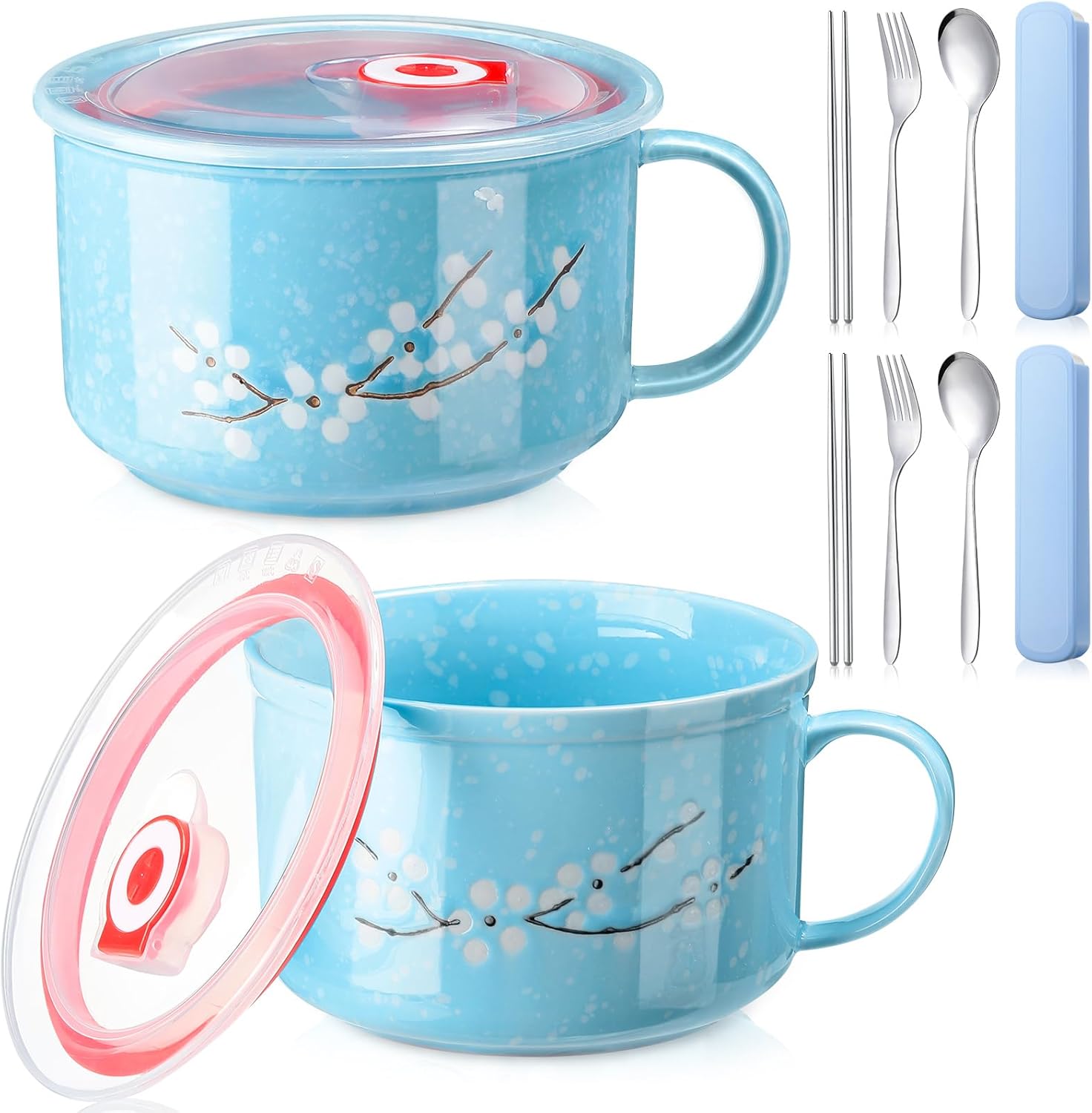 Tanlade 2 Pcs 30 oz Ceramic Soup Bowl with Lid and Handle Snow Flake Blossoms Cherry Pattern Microwave Soup Mug Instant Noodles Cup,2 Sets Stainless Utensils Fork Spoon Chopsticks with Case(Blue)