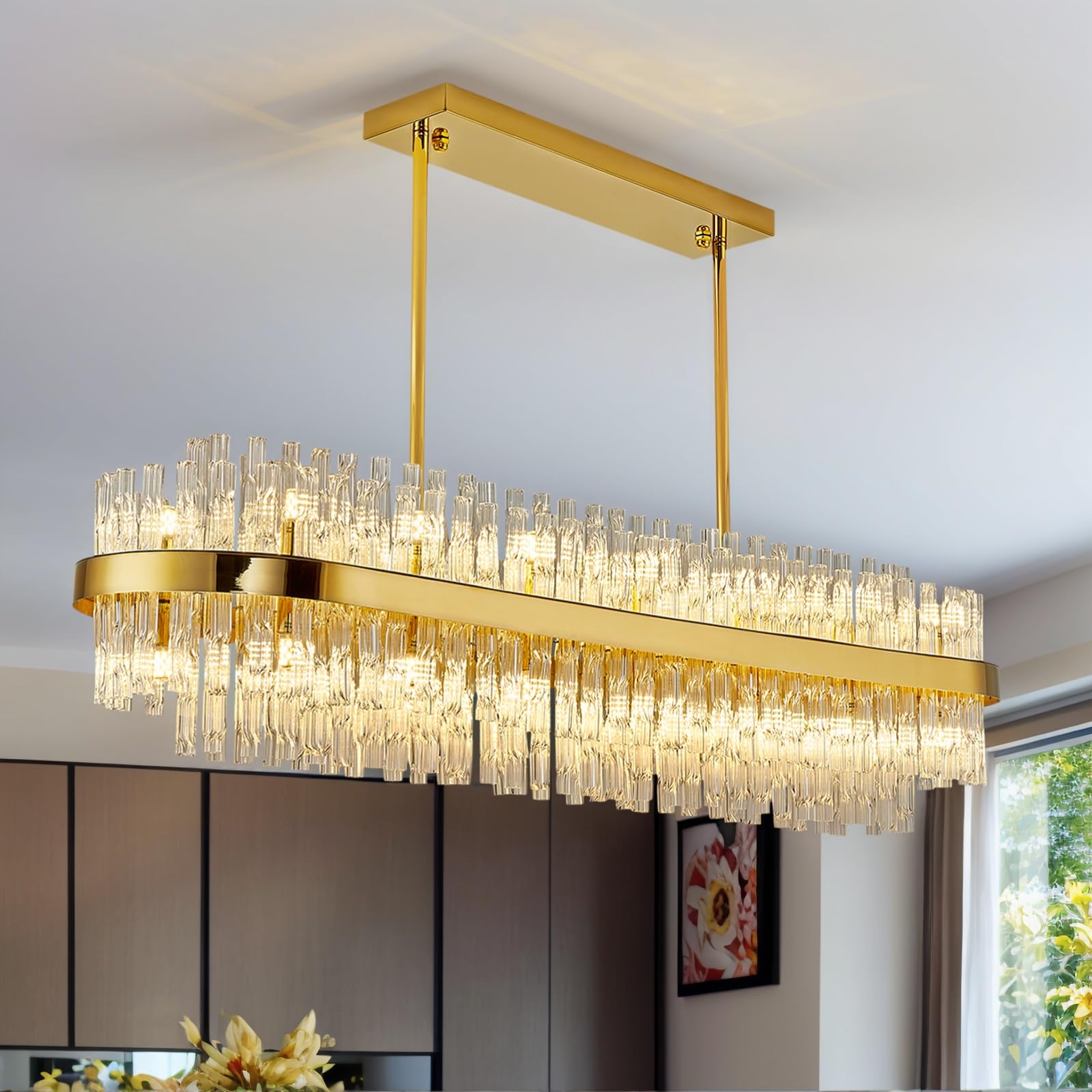 Siljoy Modern Crystal Chandelier 28 Lights Large Rectangle Gold 2-Tiers Raindrop Chandelier Luxury Oval Flush Mount Pendant Ceiling Light Fixture for Living Dining Room Kitchen Island L47 Inch