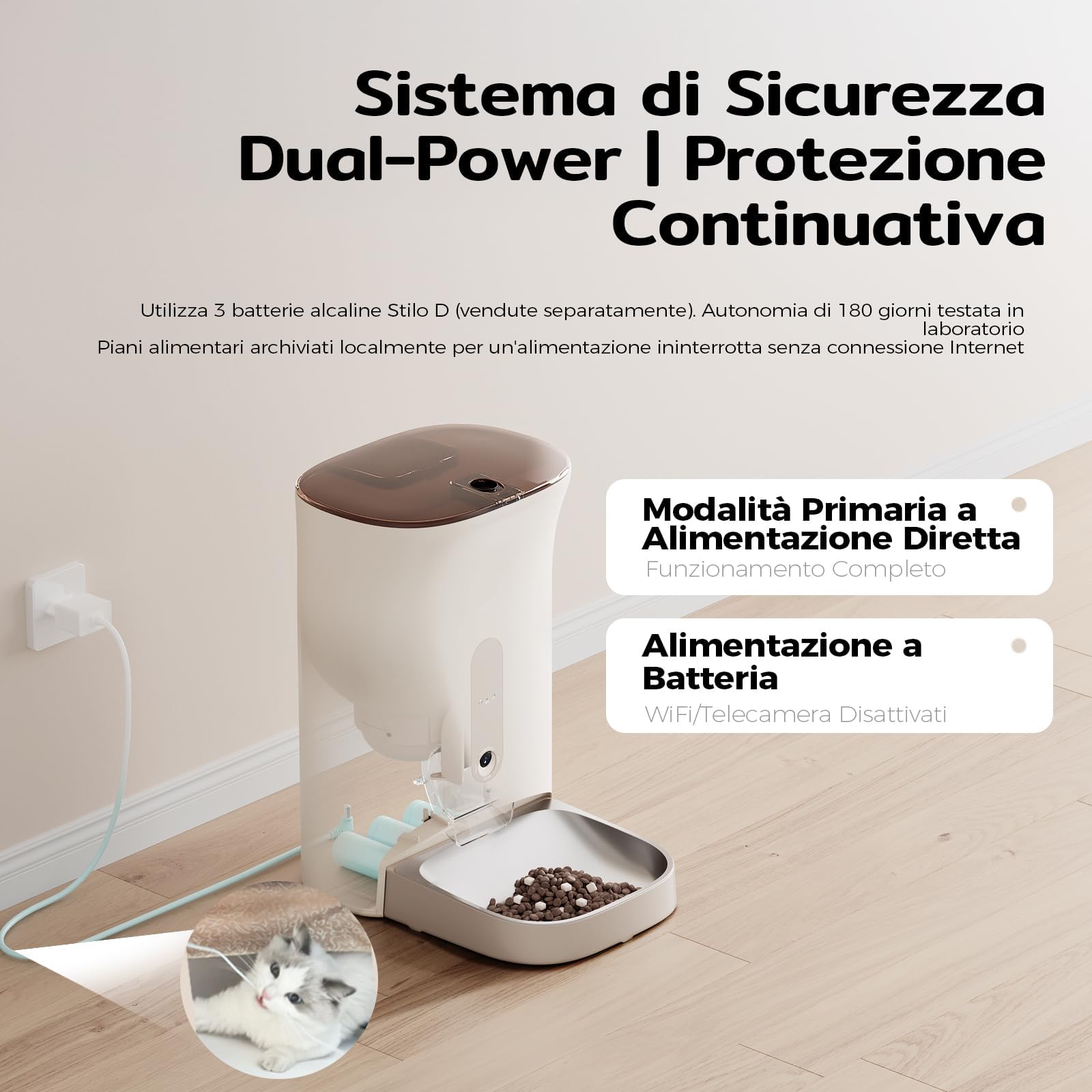 F1 Pro Distributore Automatico Cibo Gatti e Cani 4.5L con Telecamera HD 2K & Visione Notturna a 160°, WiFi 2.4G/5G, Antiblocco, Freschezza Tripla, Controllo APP, Ciotola in Acciaio Inox (F1 Pro 1)
