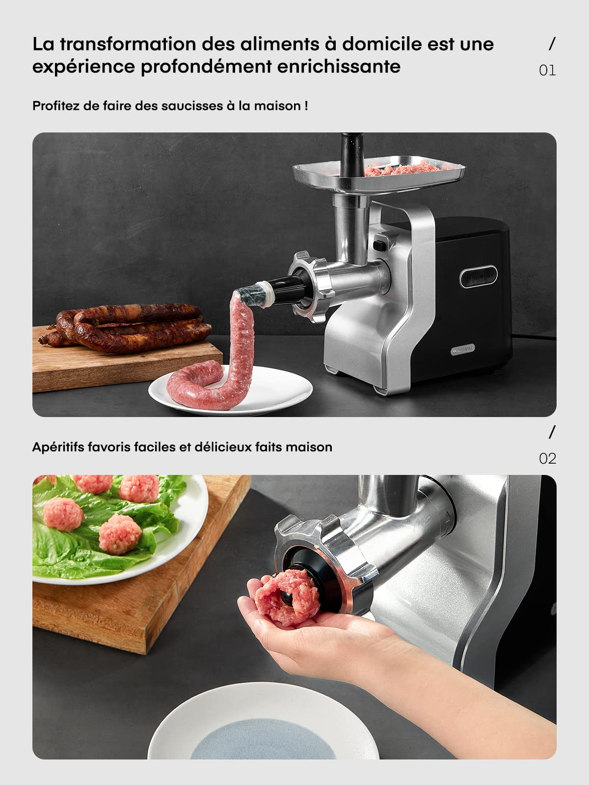 HOUSNAT 5-en-1 Multifonctions Hachoir à Viande Électrique Professionnel | avec 3 Plaques de Broyage en Acier Inoxydable, 2800W Max Puissance de Verrouillage, pour Saucisse, Kubbe, Légume