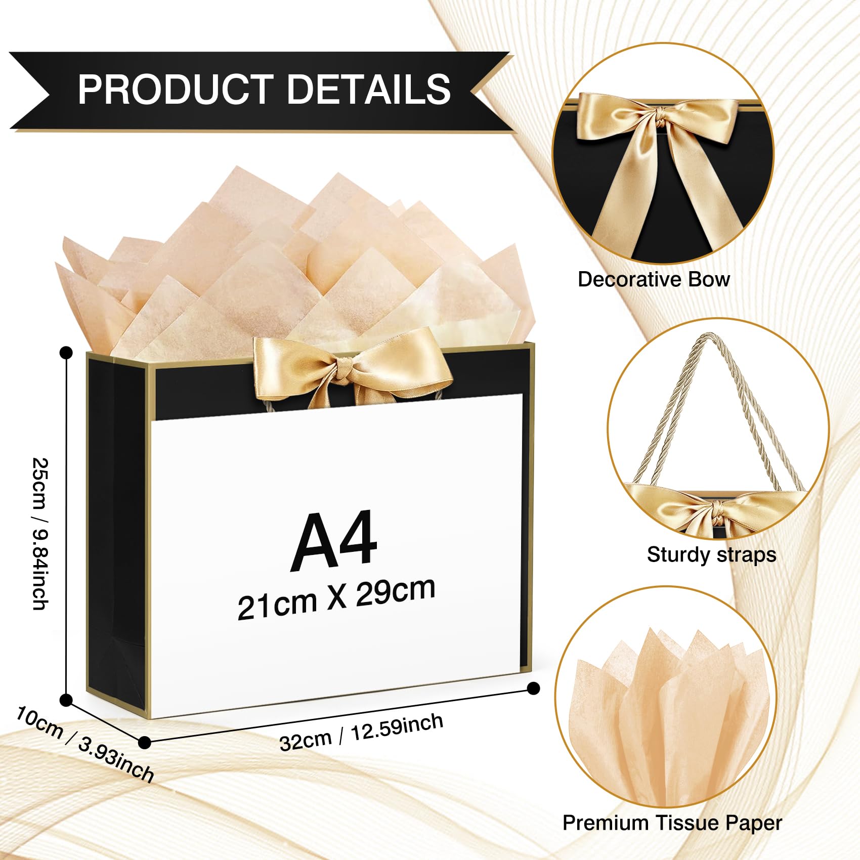 Sacchetti da Regalo Buste Carta di Carta Grande Capacité, 6Pcs Sacchetti di Carta con Fiocco Dorato, Borsa Regalo, Buste Regalo con Manici per Halloween Natale Negozio Acquisti Shopping (Bianco-NEW