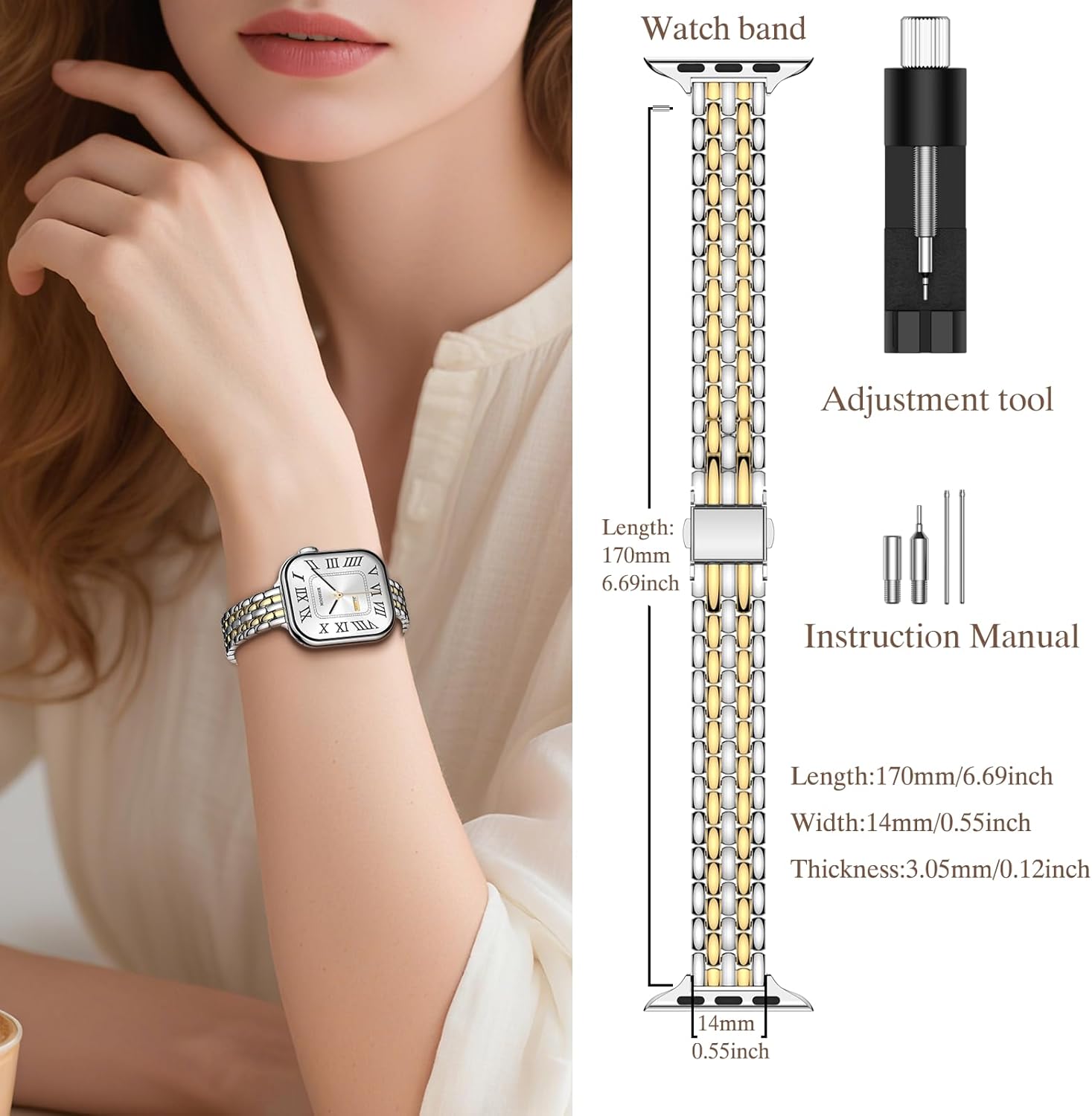 MioHHR Slim Metal Bands Compatible with Apple Watch Bands for Women 38mm 40mm 41mm 42mm (Series 11 10), Stainless Steel Strap Bands for iWatch Series 11 10 9 8 7 6 5 4 3 2 1 SE3/2/1, Silver/Gold - Image 4